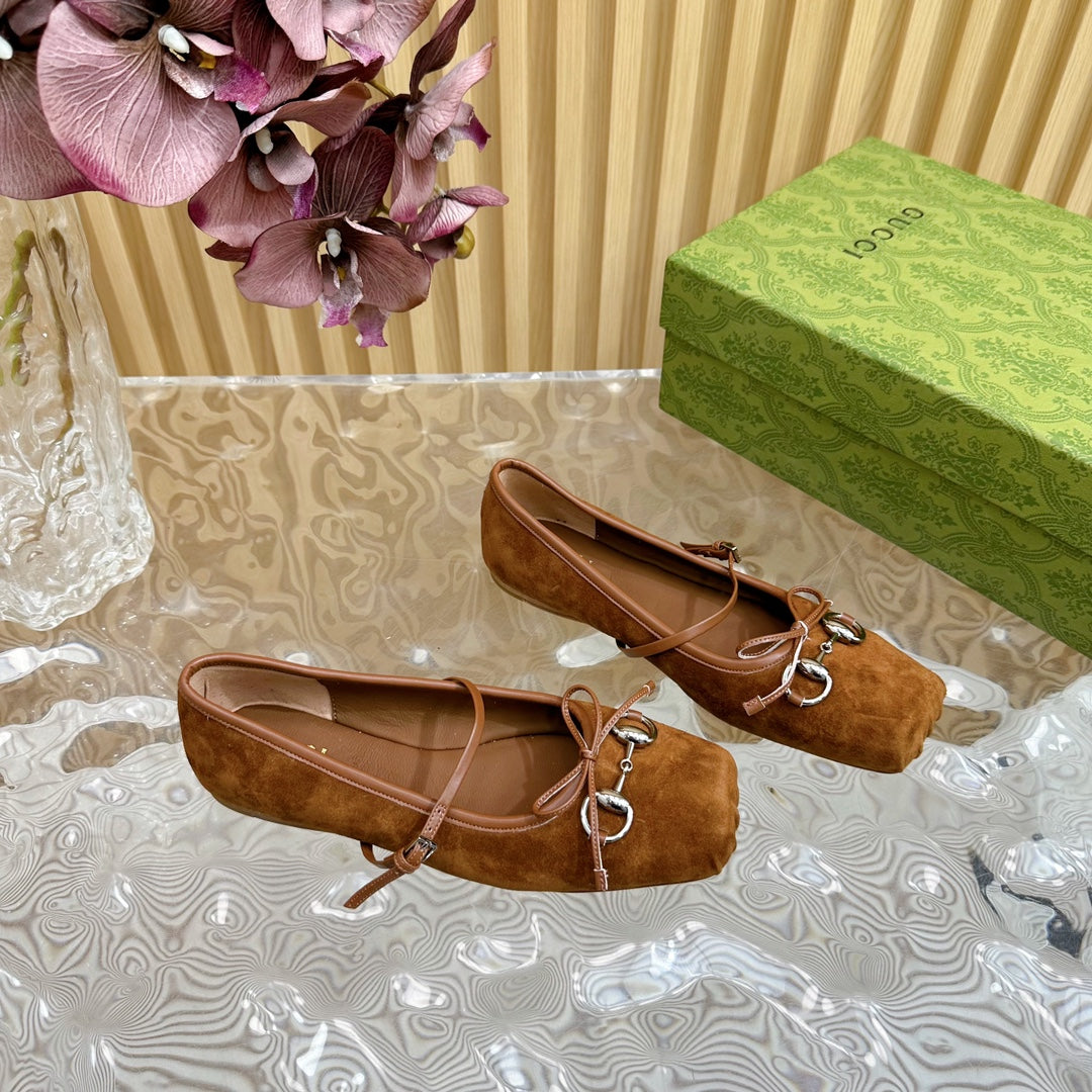 Ballet Flat In Bronze Brown Suede With Silver Hardware