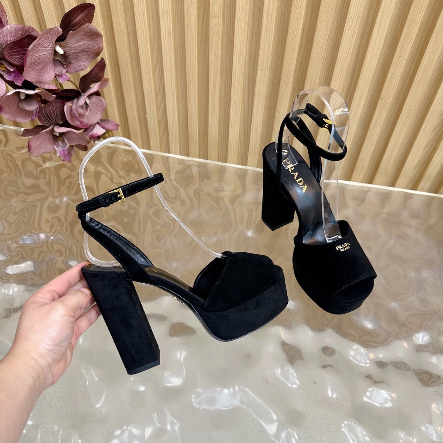 Prada 2025 Platform Sandals Black Velvet Leather 537730