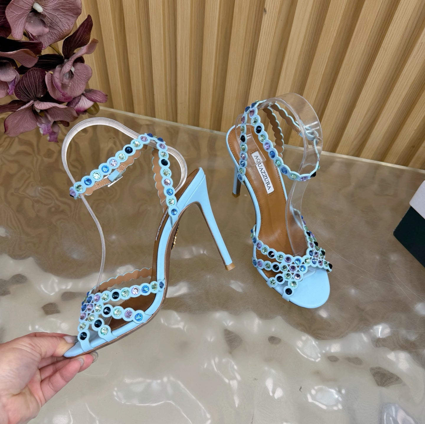 Aquazzura 2026 Tequila Crystal-embellished Sandal 105mm Blue Sheepskin 697684