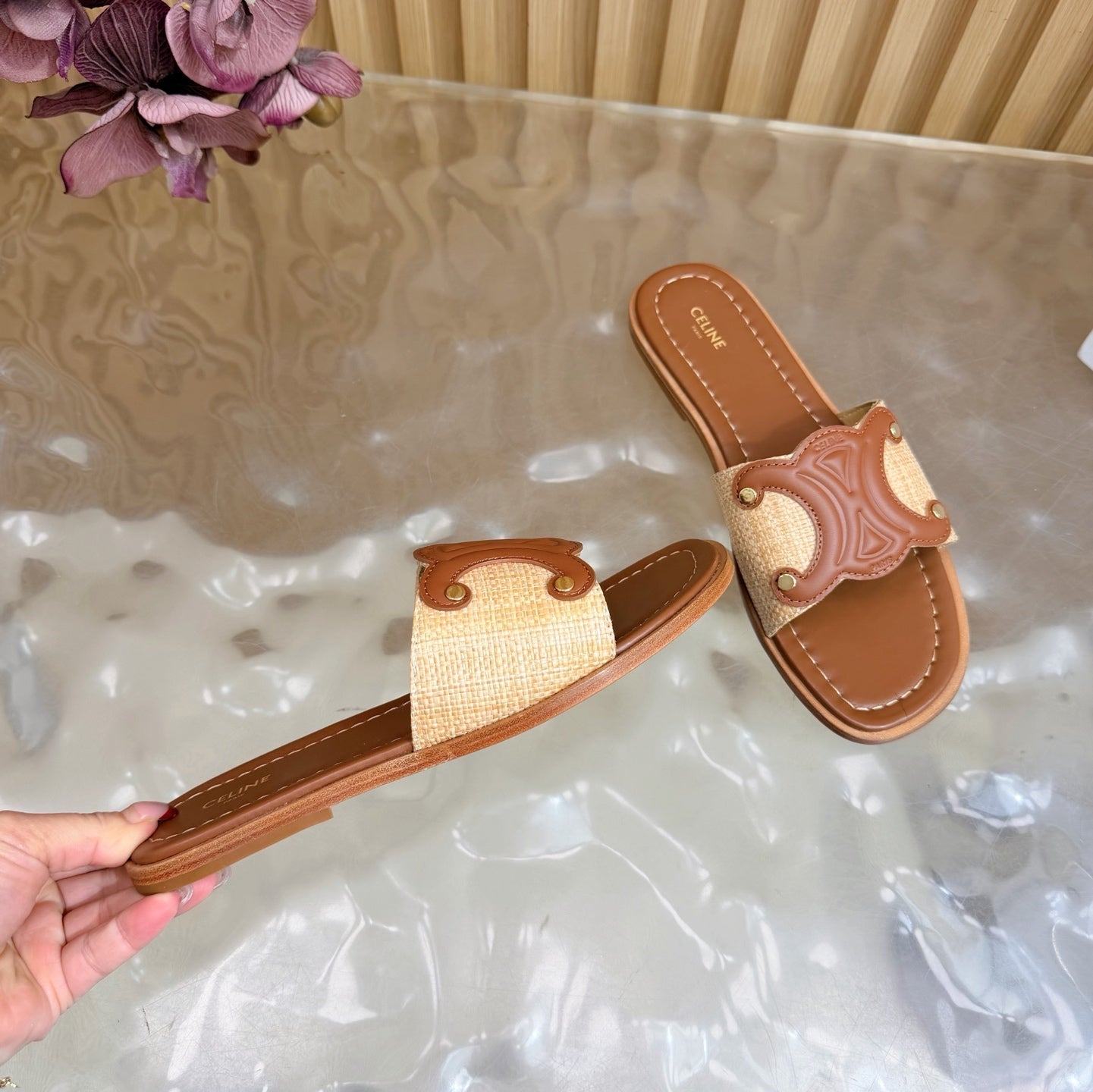 Celine 26  Triomphe Slide Sandals Leather 749443
