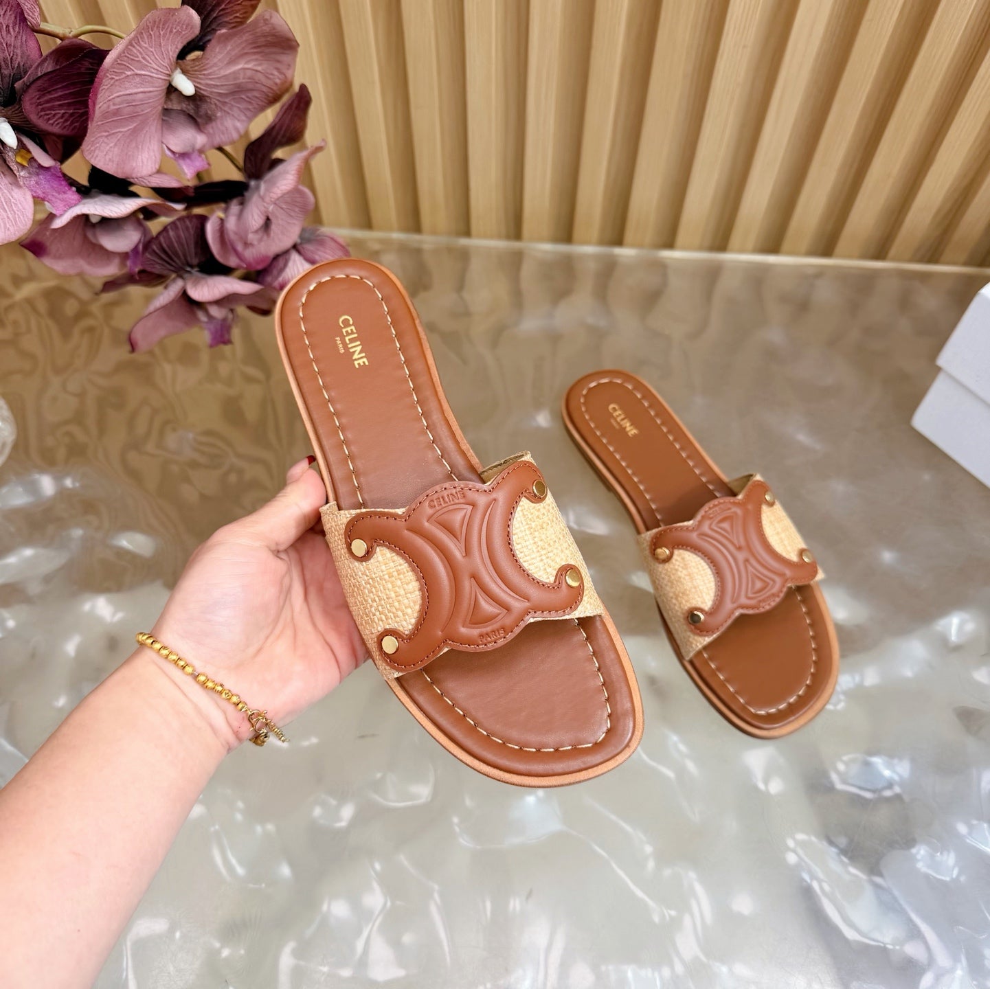 Celine 26  Triomphe Slide Sandals Leather 749443