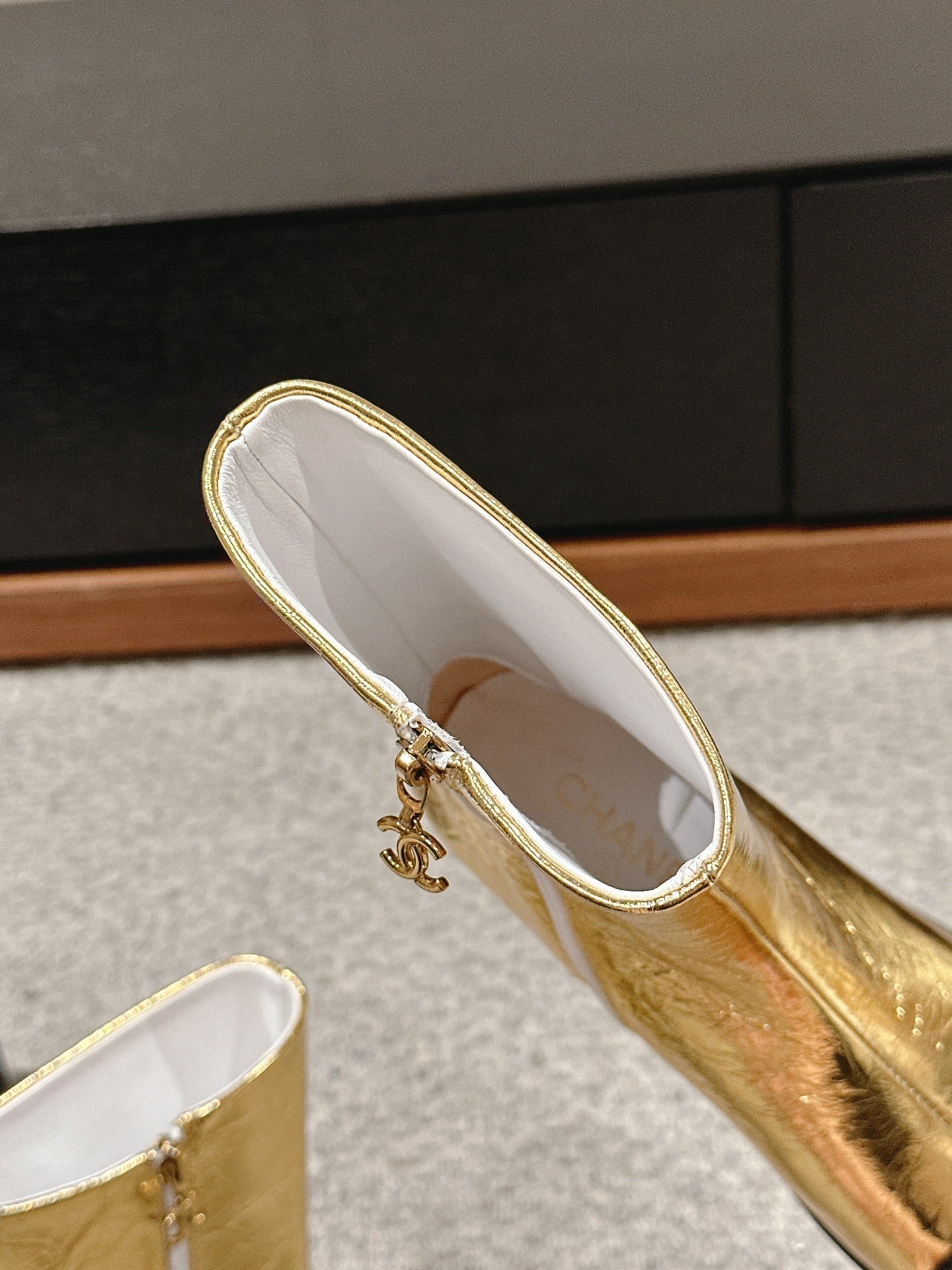 CC Short Boot Gold Metalic Lambskin Black Patent Calfskin