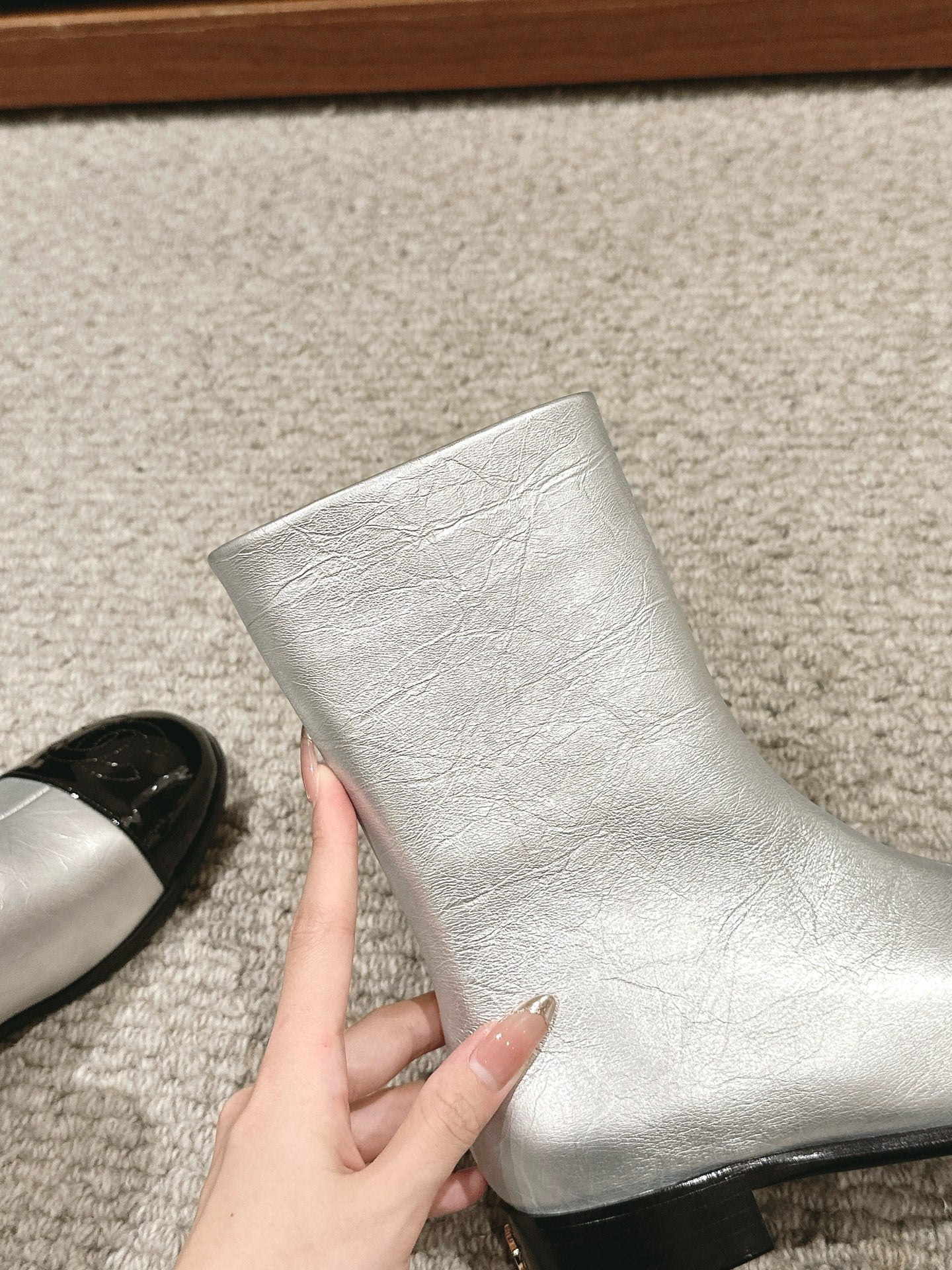 CC Short Boot Silver Metalic Lambskin Black Patent Calfskin