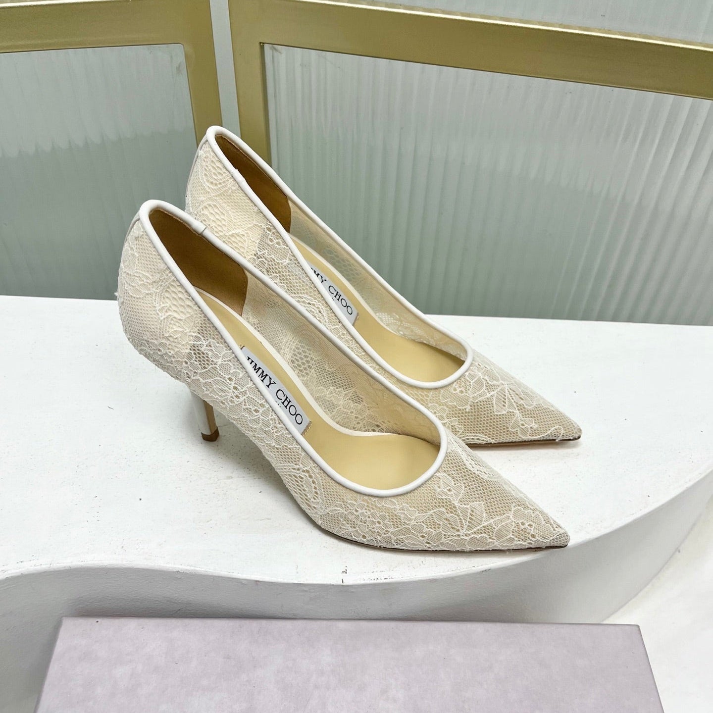 Jimmy 26s  Heel Pump 85 Ivory Beige Lace Sheepskin 605950