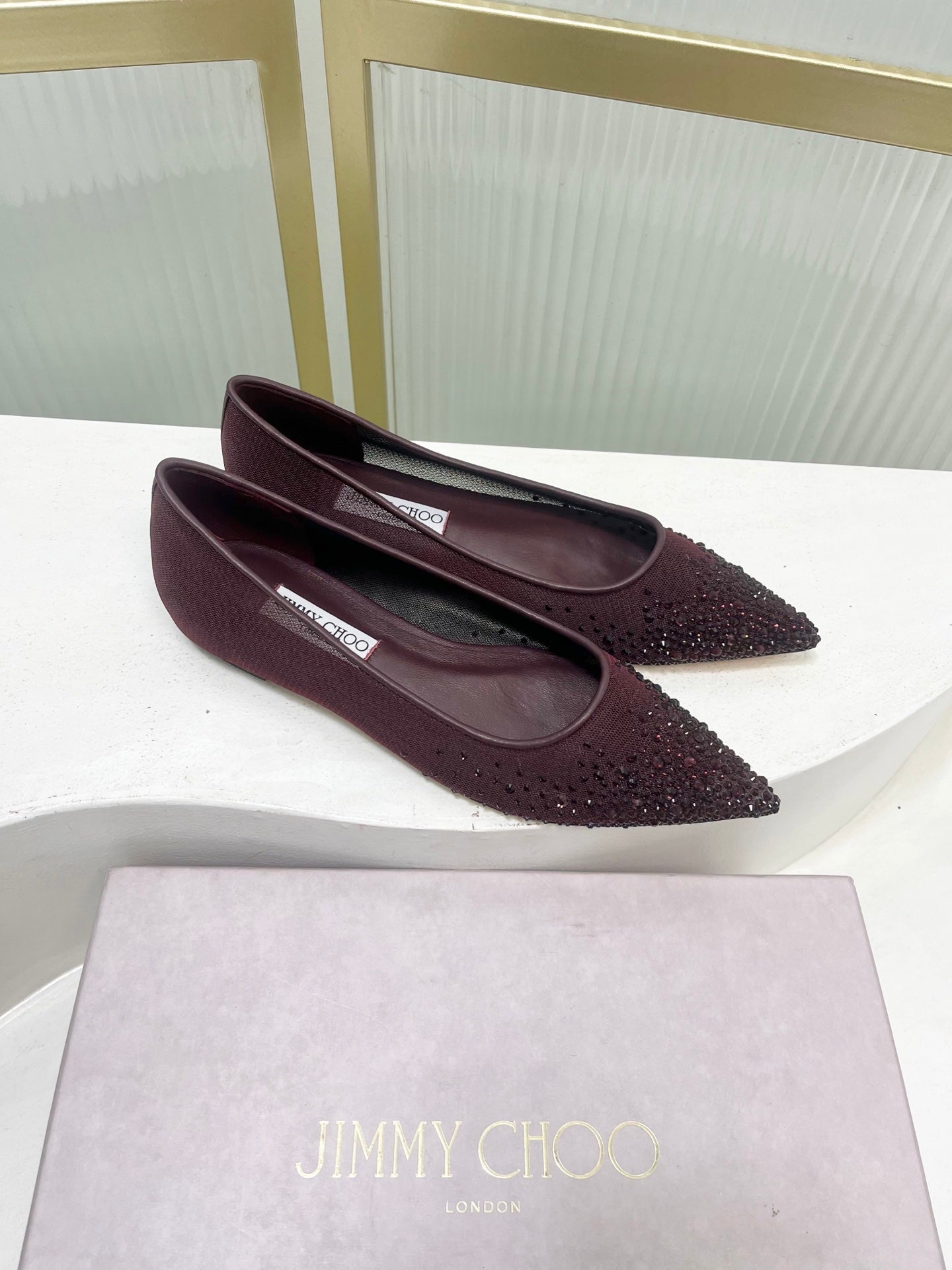 Jimmy 26s Ballet Flats Burgundy Rhinestones Mesh Sheepskin 605980