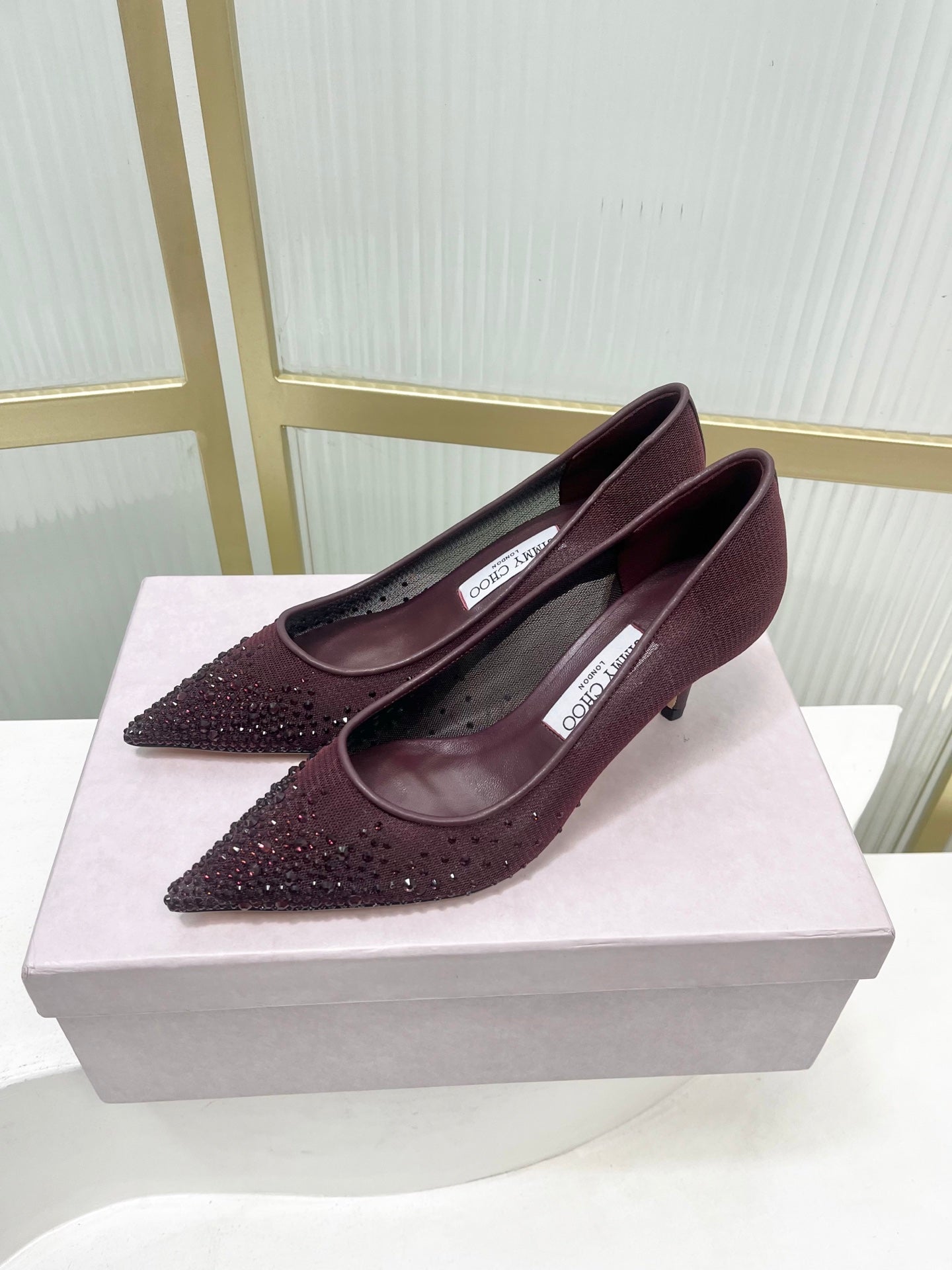 Jimmy 26s High Heels 65 Burgundy Rhinestones Mesh Sheepskin 605981