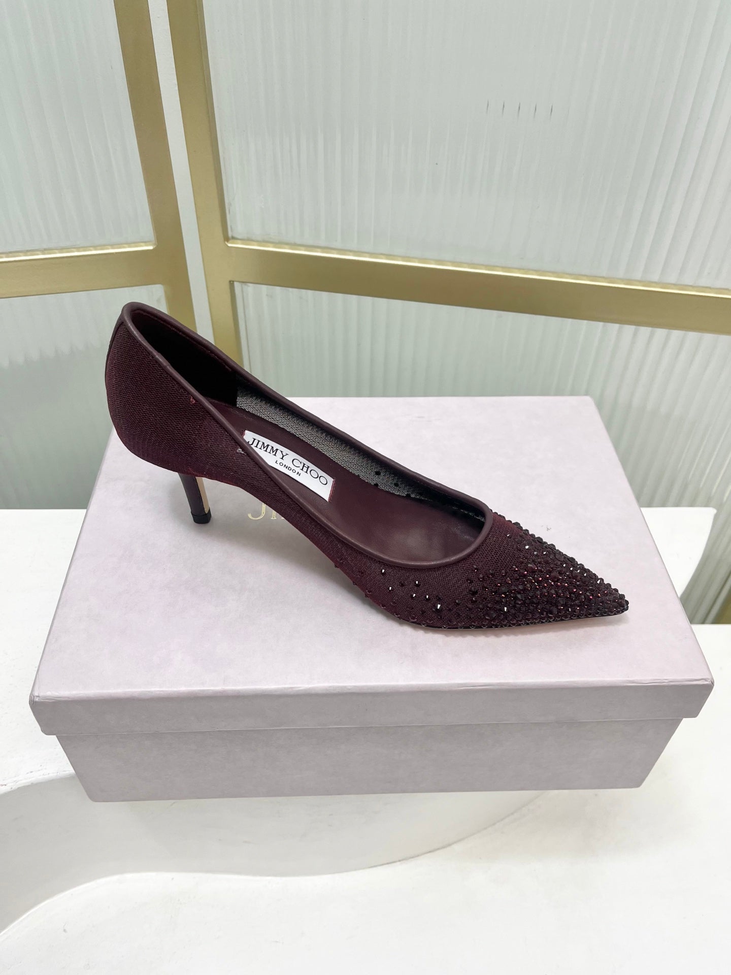 Jimmy 26s High Heels 65 Burgundy Rhinestones Mesh Sheepskin 605981