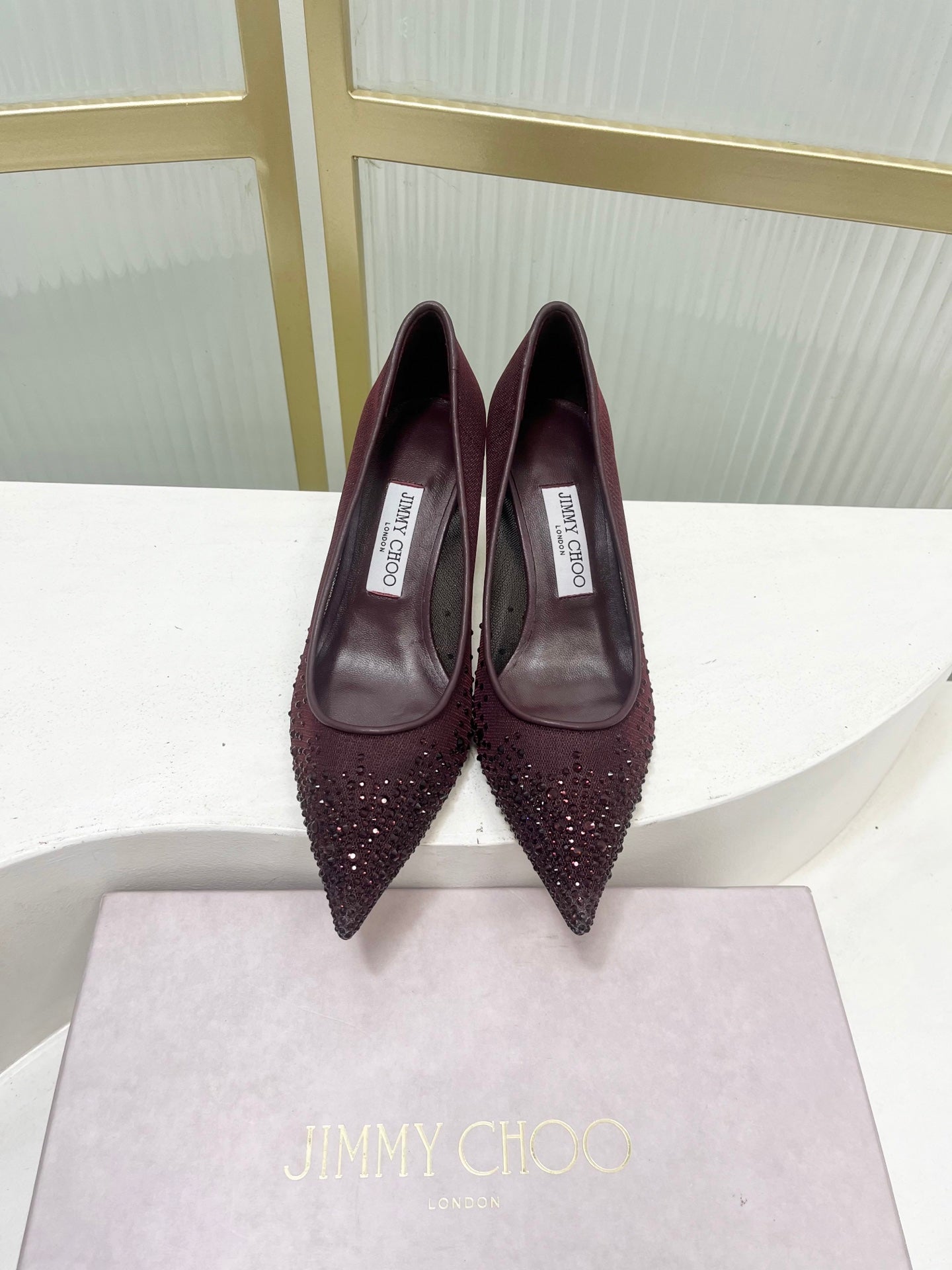 Jimmy 26s High Heels 65 Burgundy Rhinestones Mesh Sheepskin 605981