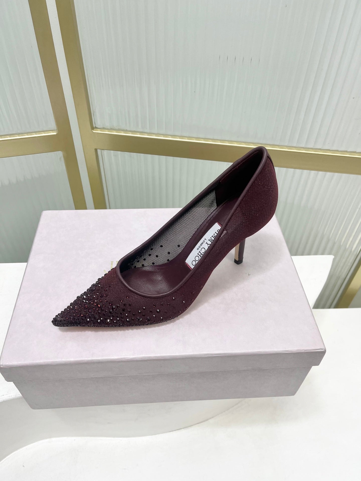 Jimmy 26s High Heels 85 Burgundy Rhinestones Mesh Sheepskin 605982