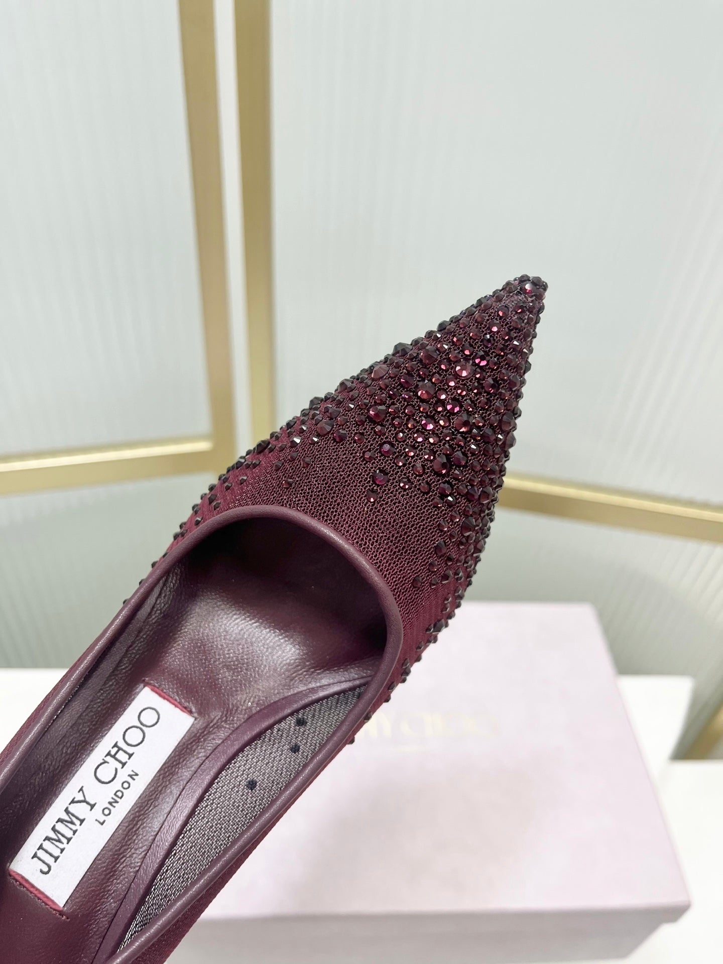 Jimmy 26s High Heels 85 Burgundy Rhinestones Mesh Sheepskin 605982
