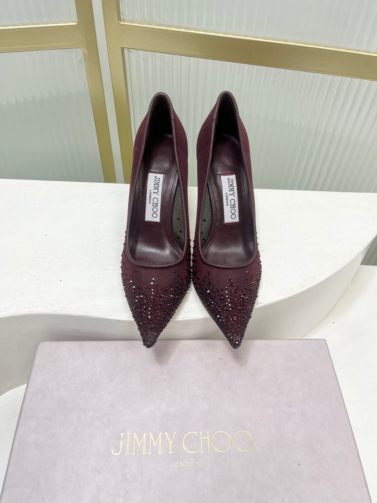 Jimmy 26s High Heels 85 Burgundy Rhinestones Mesh Sheepskin 605982