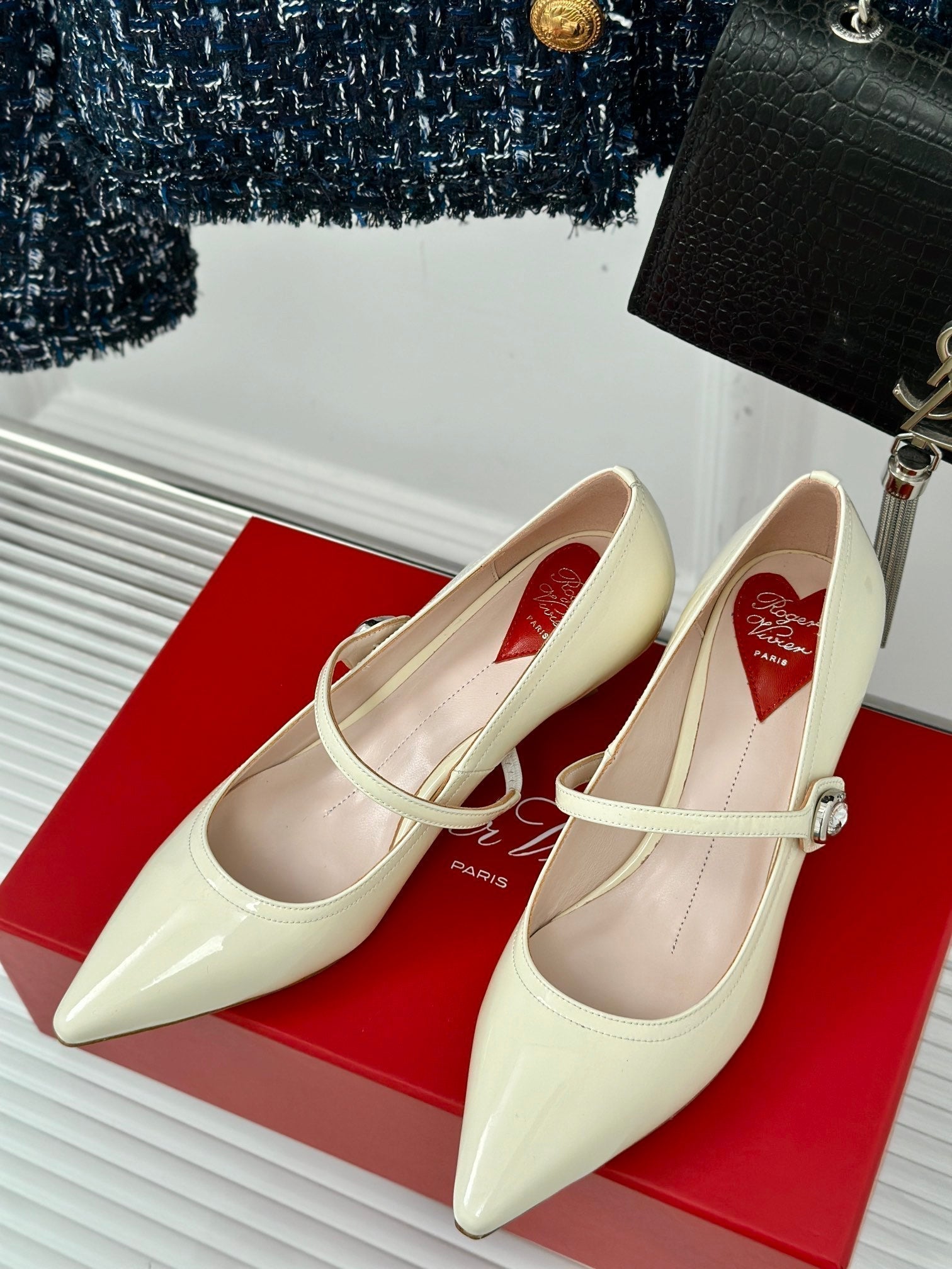 Mary Jane Virgule Pumps 55 White Patent Leather
