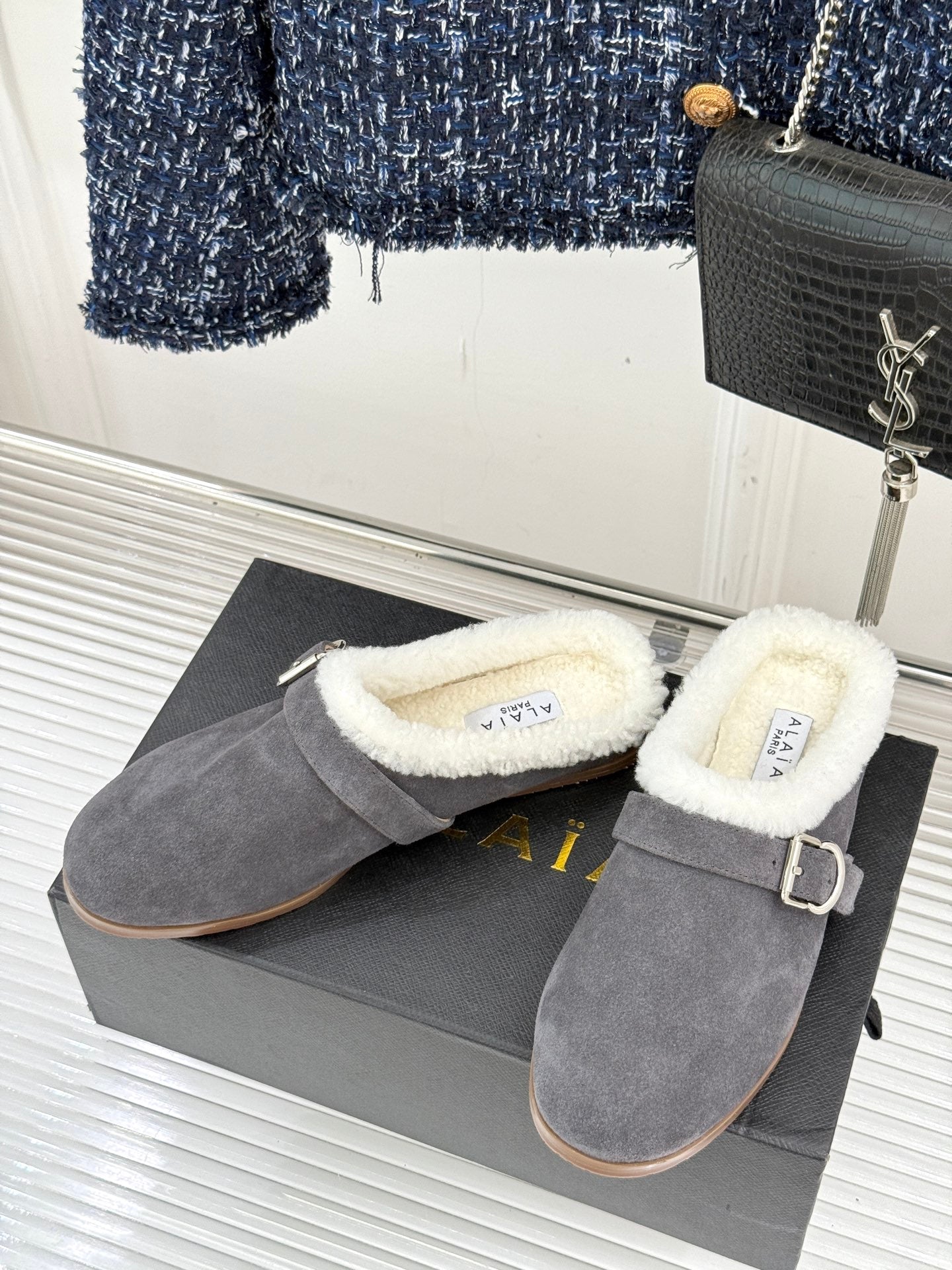 Alaia 25WF slippers belt buckle charcoal grey suede wool 472230