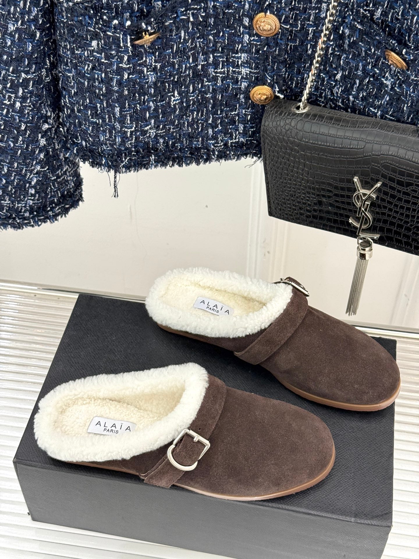 Alaia 25WF slippers belt buckle chocolate brown suede wool 472231
