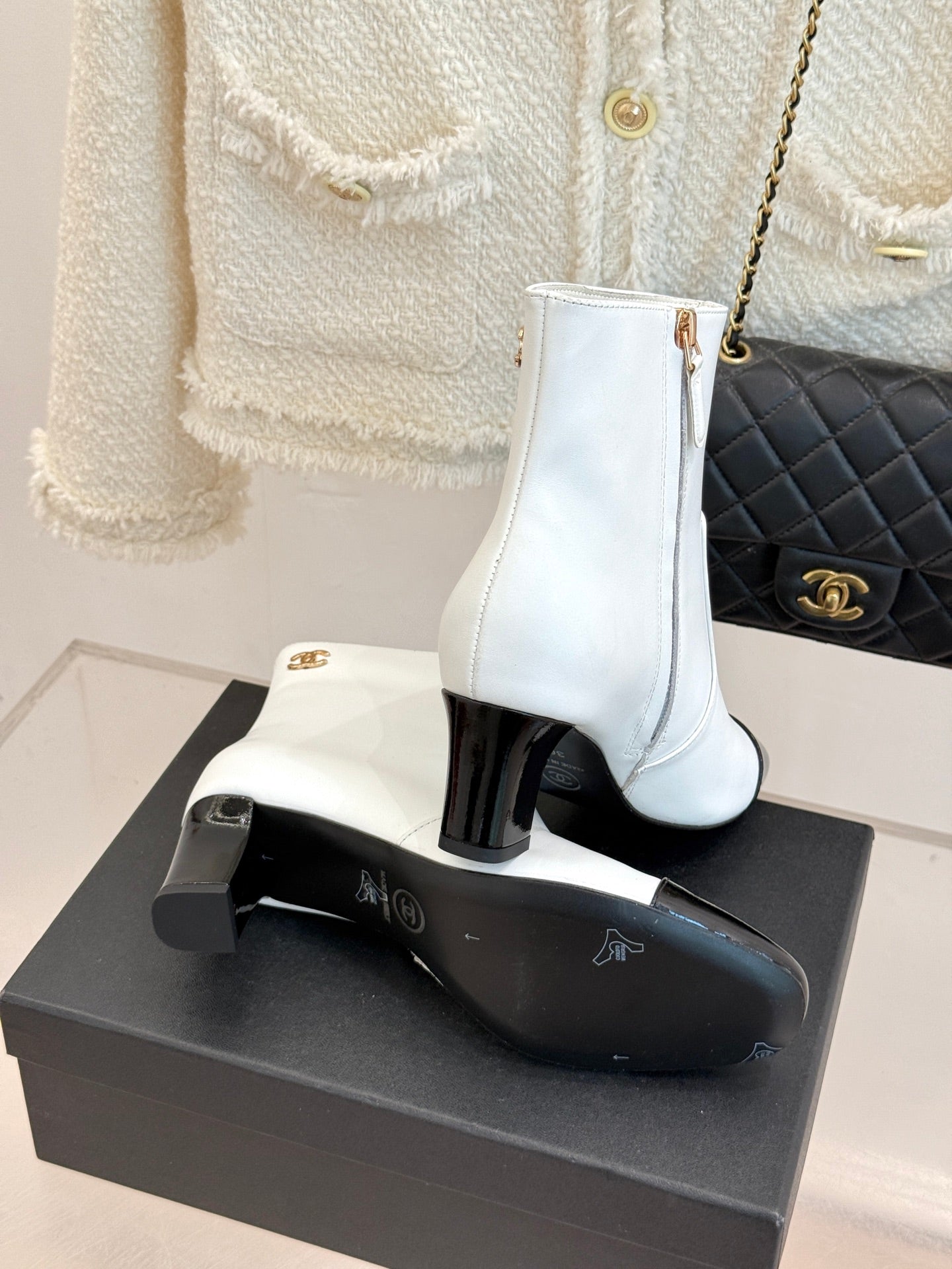 Chanel Double C Colorblock Heel Boot White Sheepskin 465415