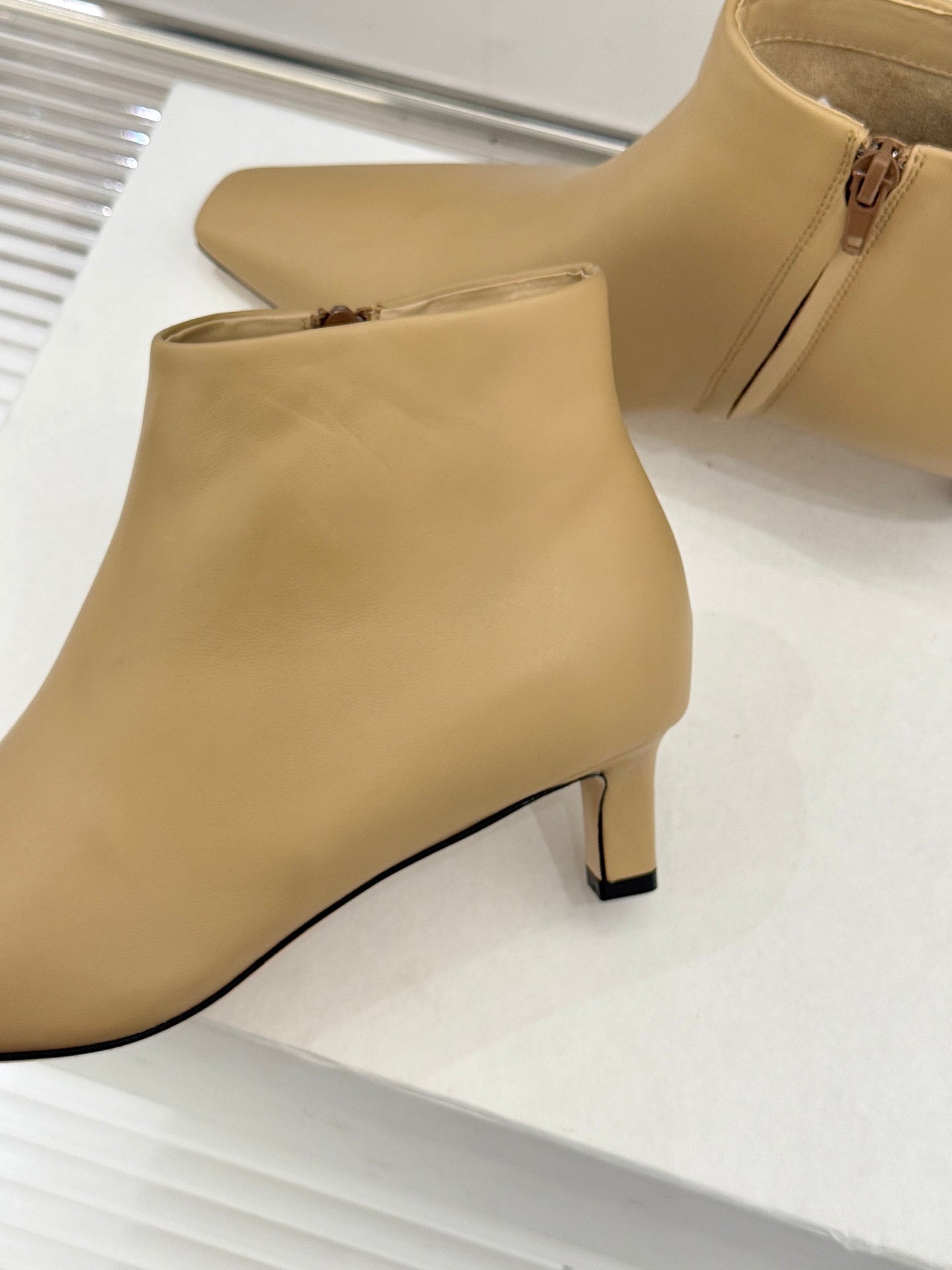 The Row 2025  Square Toe Kitten Heel Ankle Boot Beige Sheepskin 572047