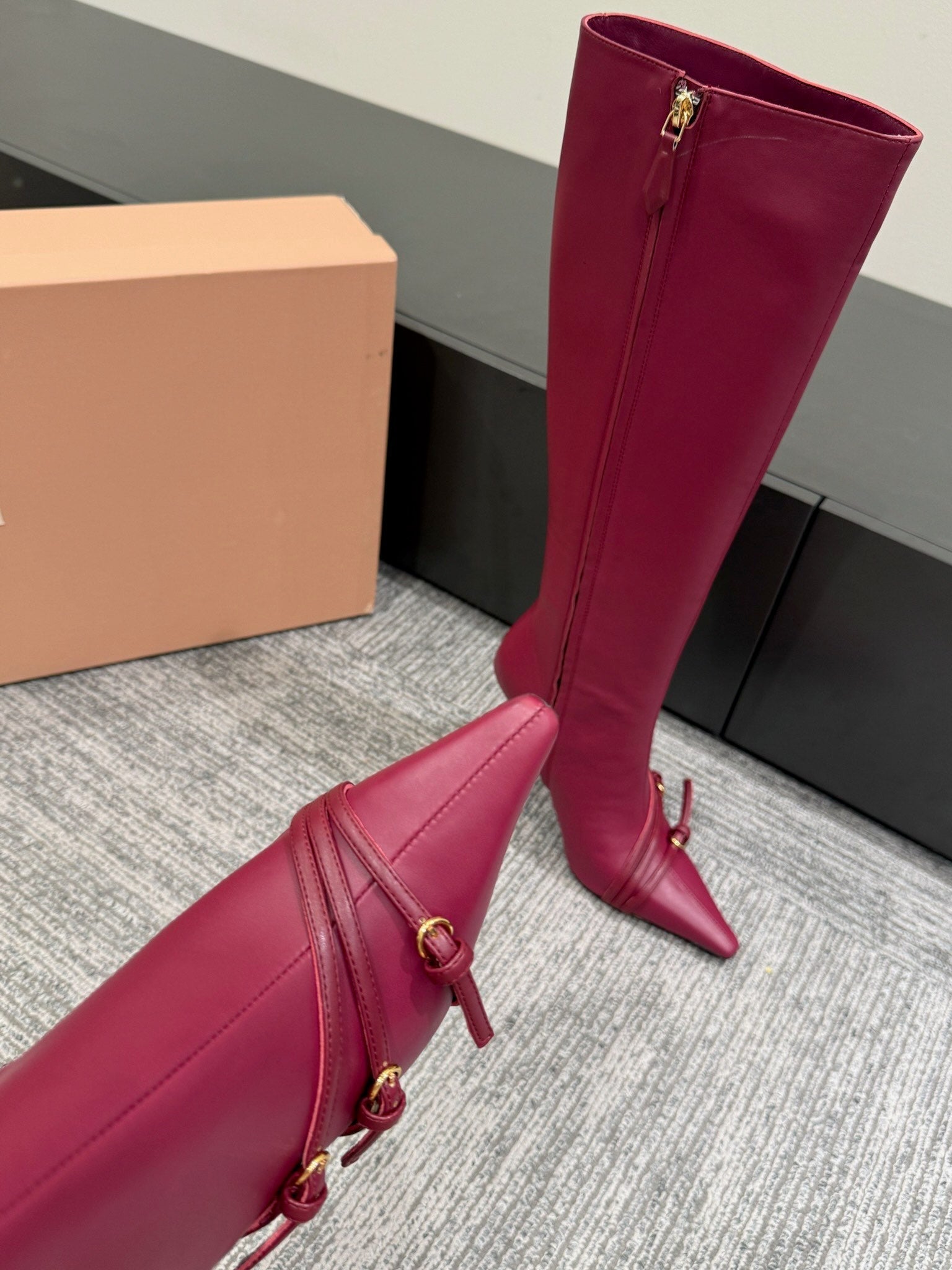 Miu 90 knee high boots berry cowhide