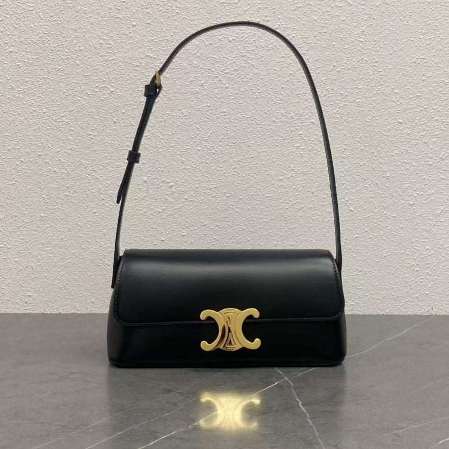 Celine 2026 Triomphe Terence Shoulder Bag 24cm Black Cowhide 281892