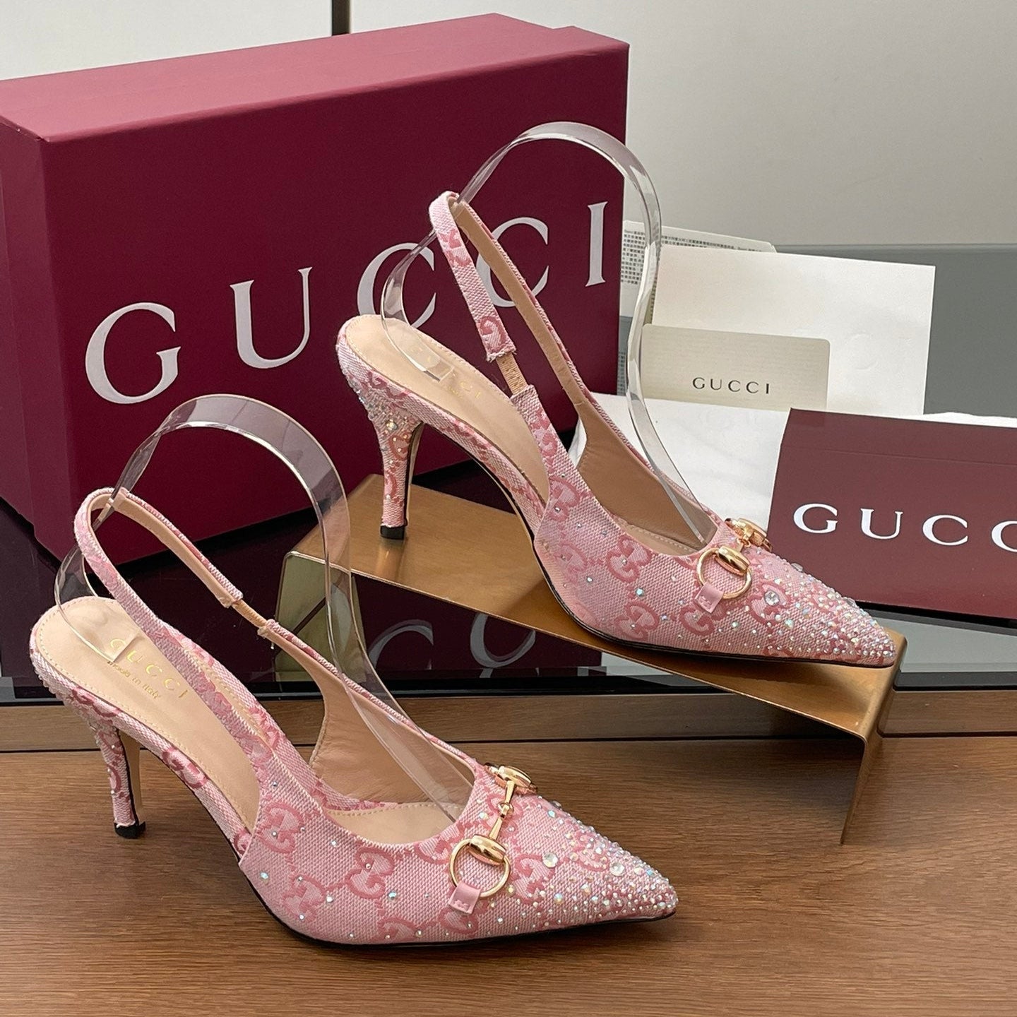 GG Horsebit Slingback 75mm Pink Ebony Monogram Canvas Point Toe Crystal-Embellished