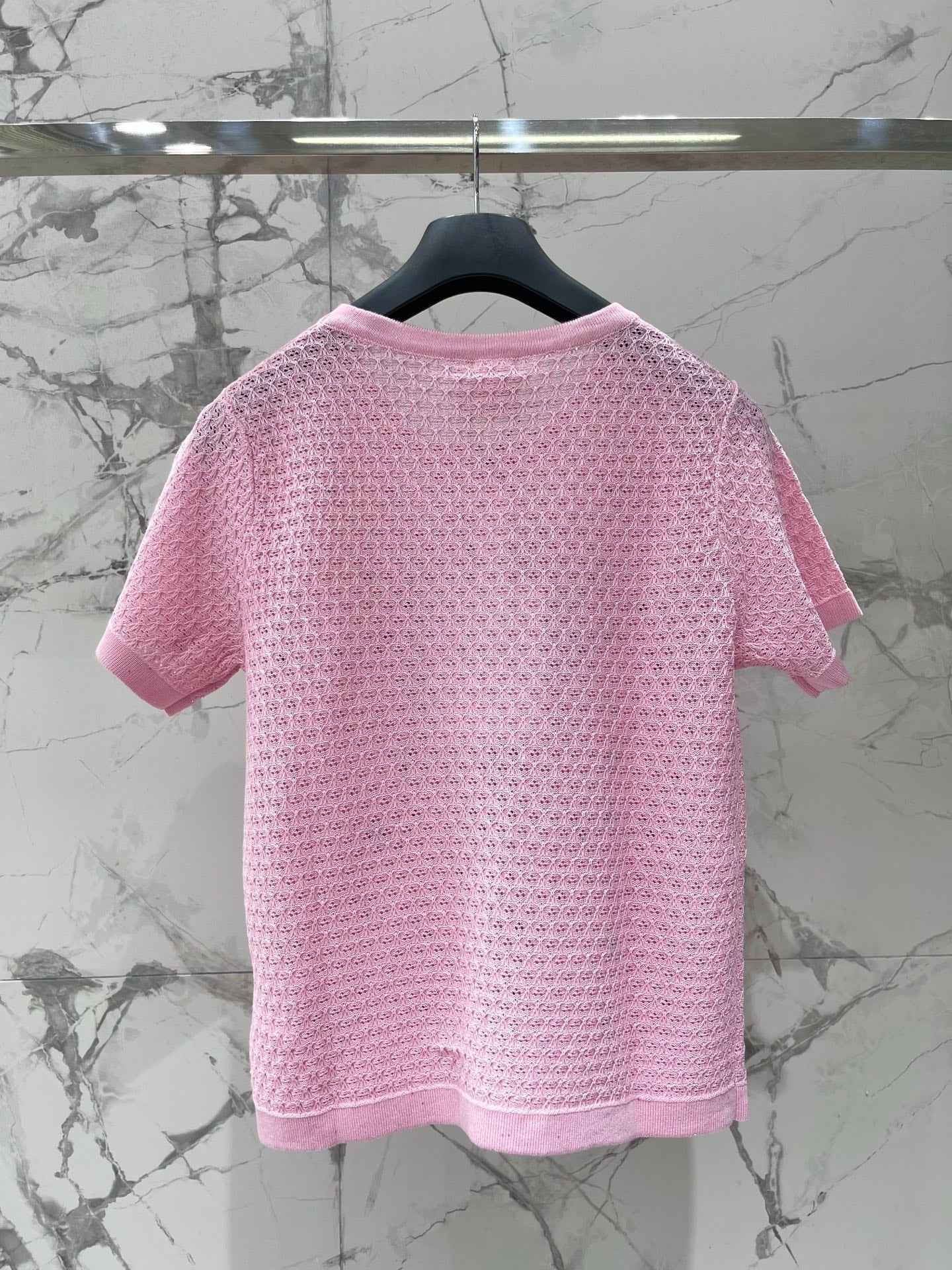 Dior 2026 Embroidered Bow Knit Short-sleeved Top Pink Cotton 714725