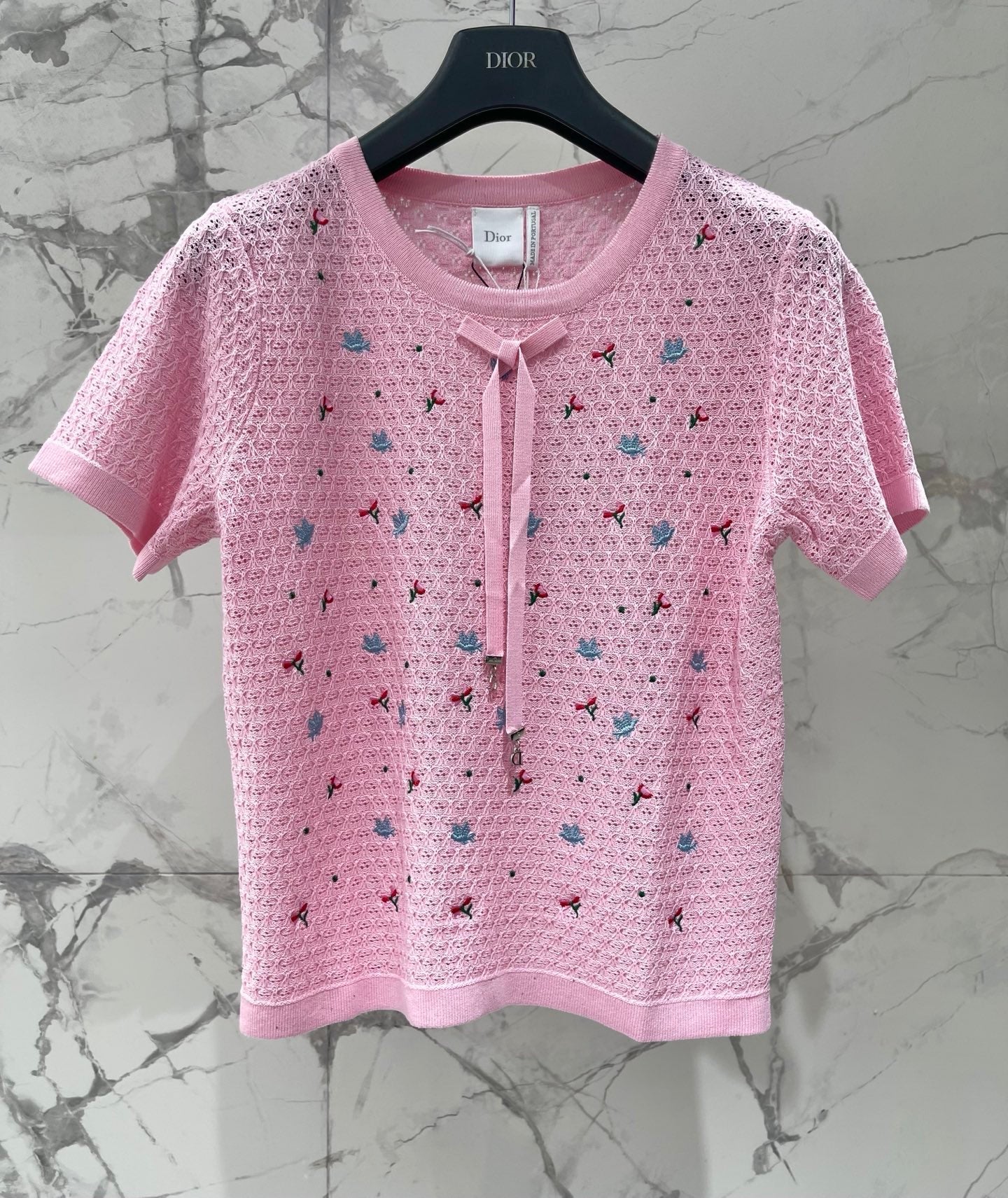 Dior 2026 Embroidered Bow Knit Short-sleeved Top Pink Cotton 714725