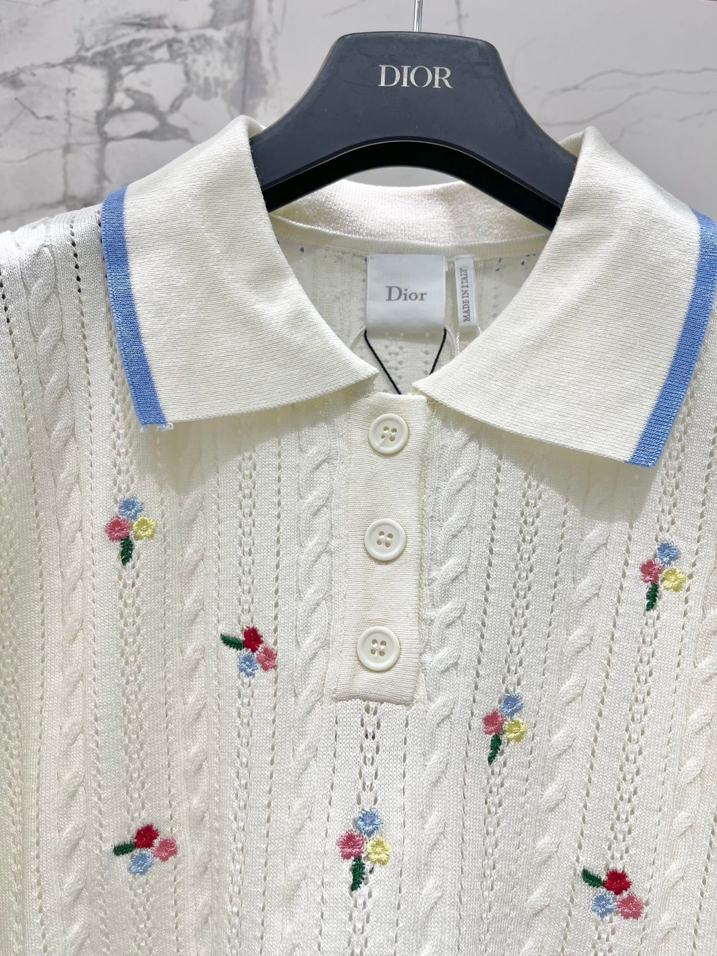 Dior 2026 Floral Collared Short-sleeved Knit Top White Wool 714726