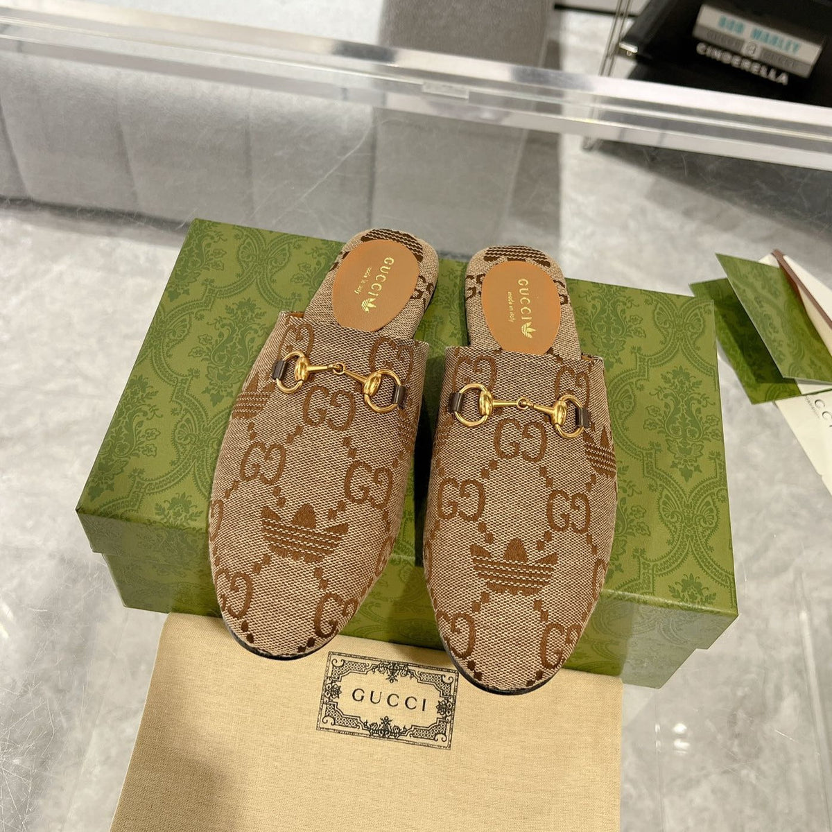 GG & ADIDAS MULE HORSEBIT BUCKLE LIGHT BROWN CANVAS