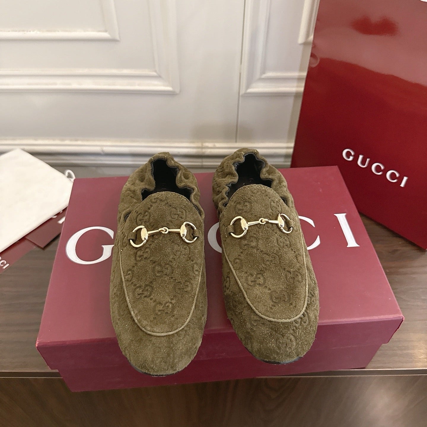 GG 26SS Loafers Olive Green Monogram Suede Leather 645960