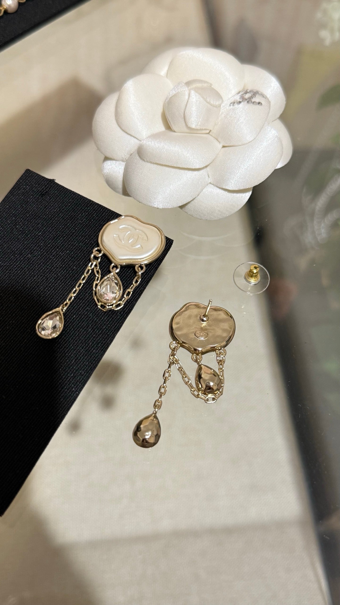 Chanel  Cloud Double C Resin Double Teardrop Crystal Light Gold Chain Tassel Earrings