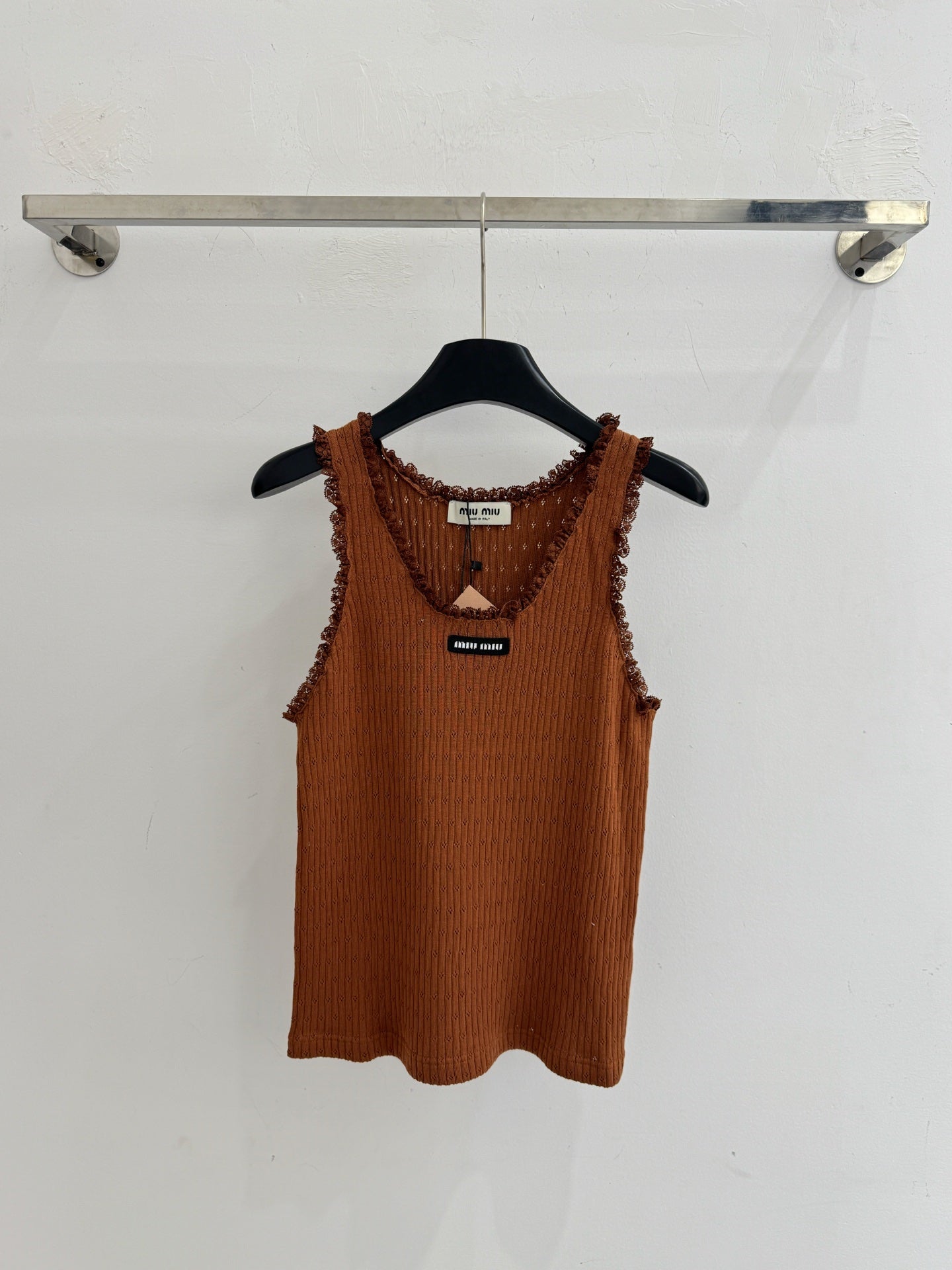 Miumiu 2026 Lace-trimmed Knit Short-sleeved Top Tencel Wool 179450