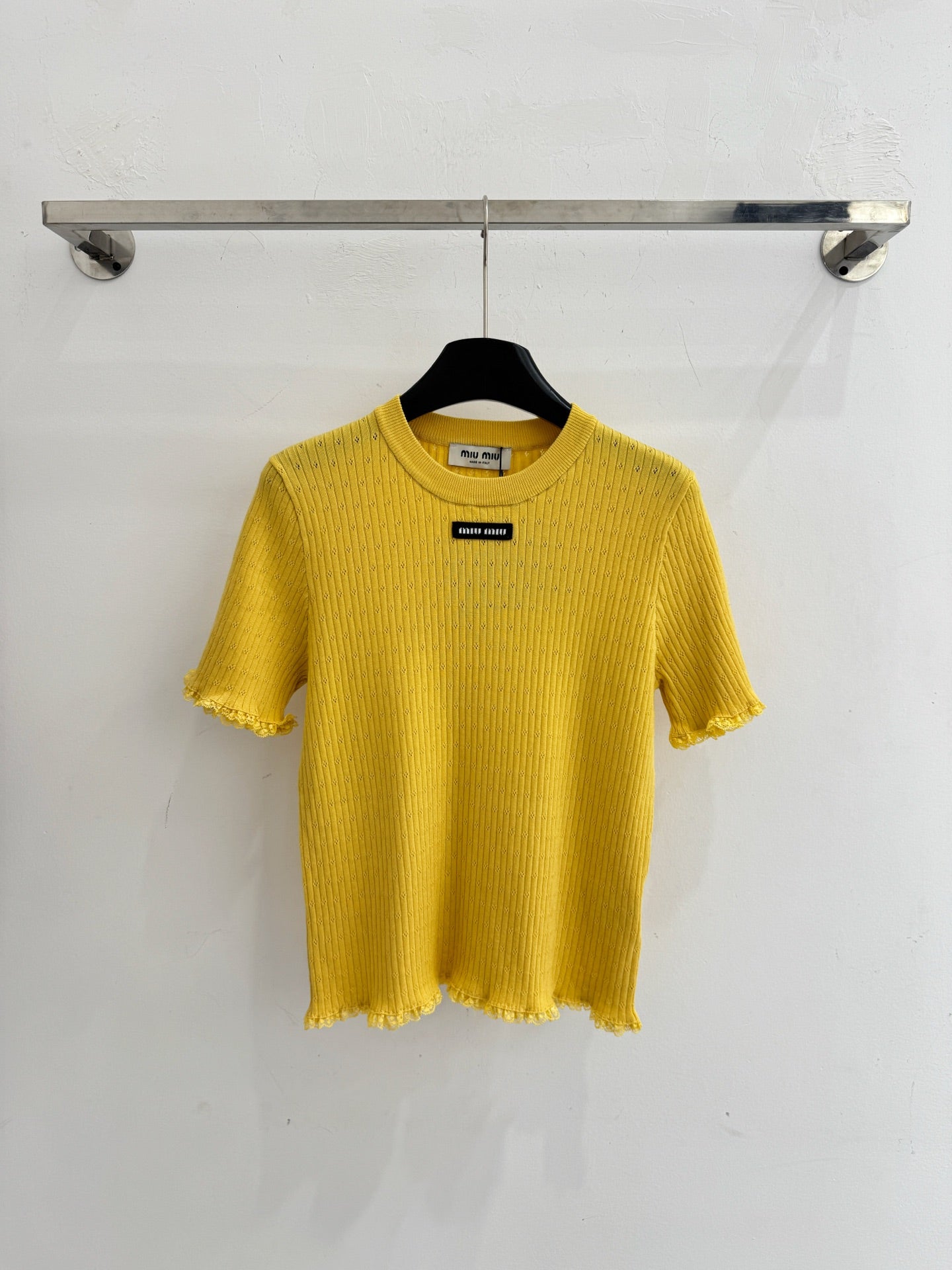 Miumiu 2026 Lace-trimmed Knit Short-sleeved Top Tencel Wool 179453