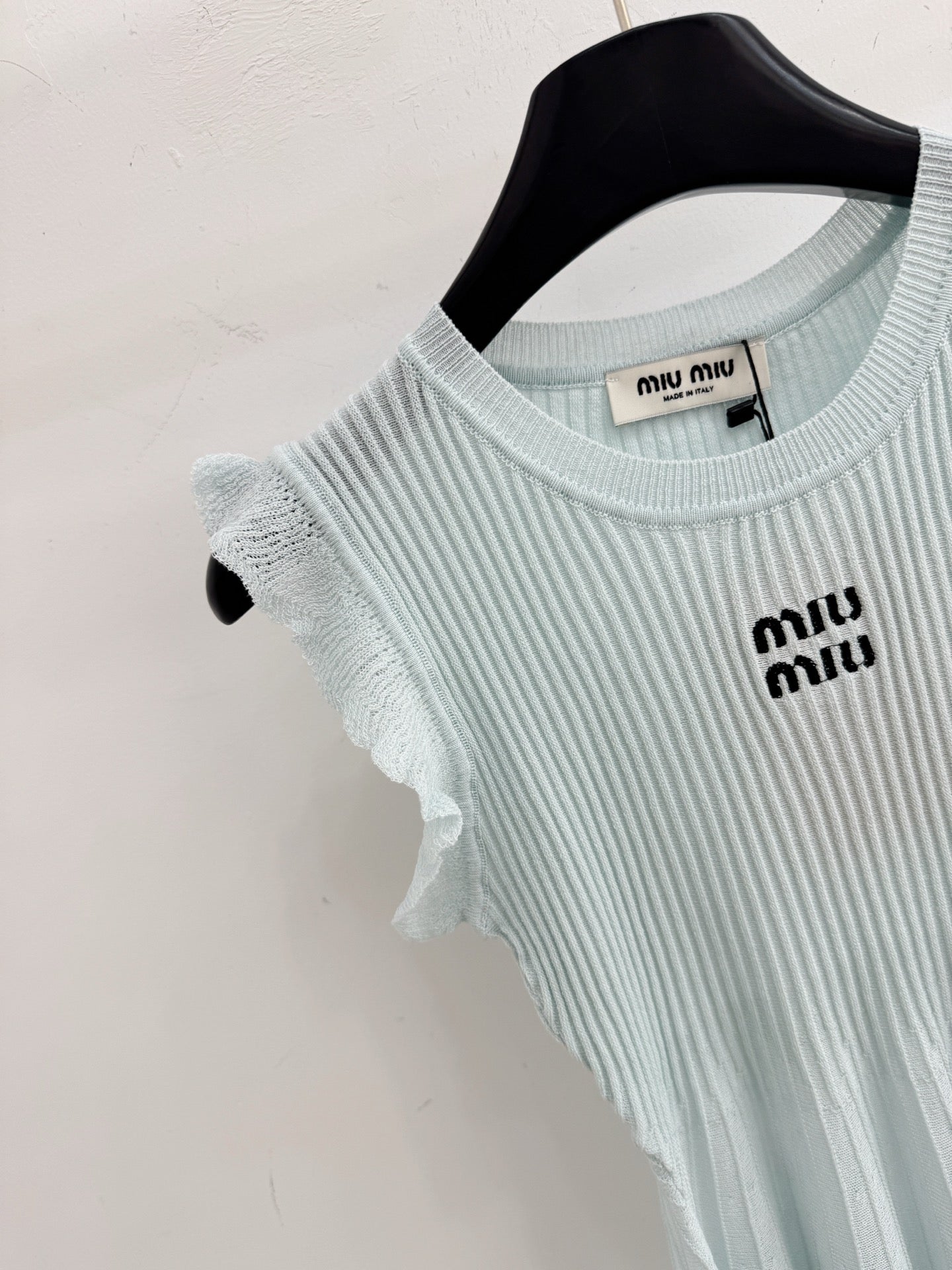 Miumiu 2026 Ruffled Sleeveless Knitwear Light Blue Cotton 516685