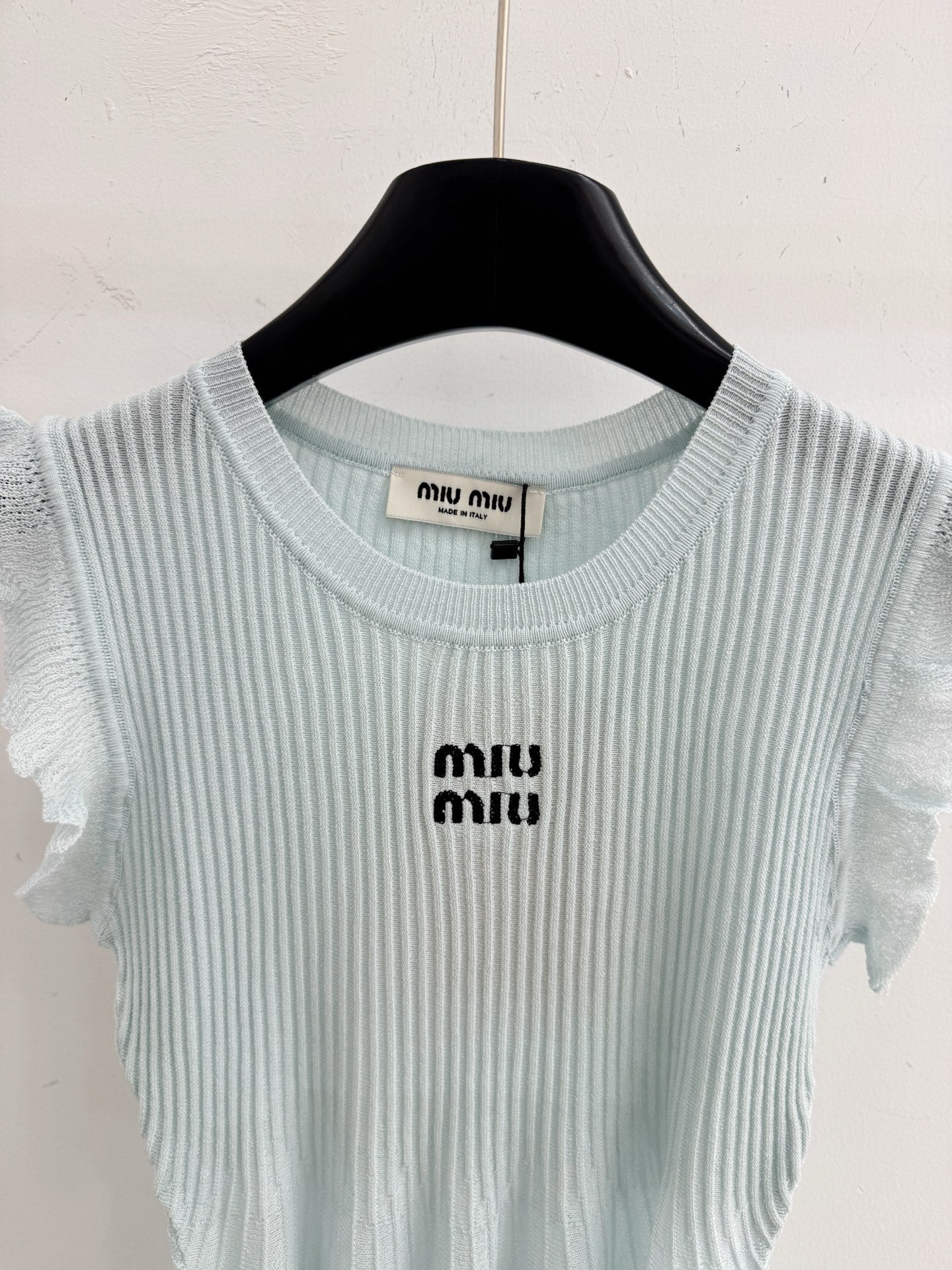 Miumiu 2026 Ruffled Sleeveless Knitwear Light Blue Cotton 516685