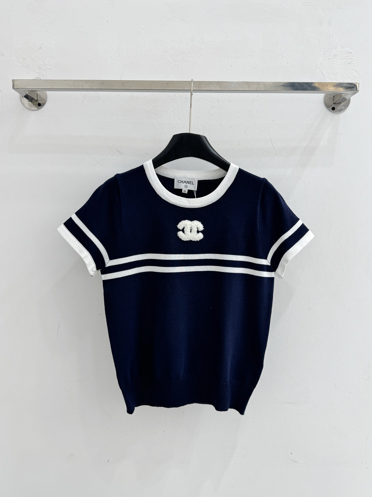 Chanel 2026 Striped Short-Sleeve Knit Top Wool Cashmere 516694