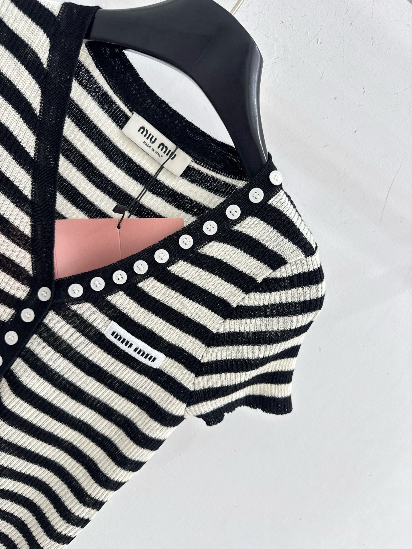 Miumiu 2026 Half-button Striped Knit Top Black White Wool 521196