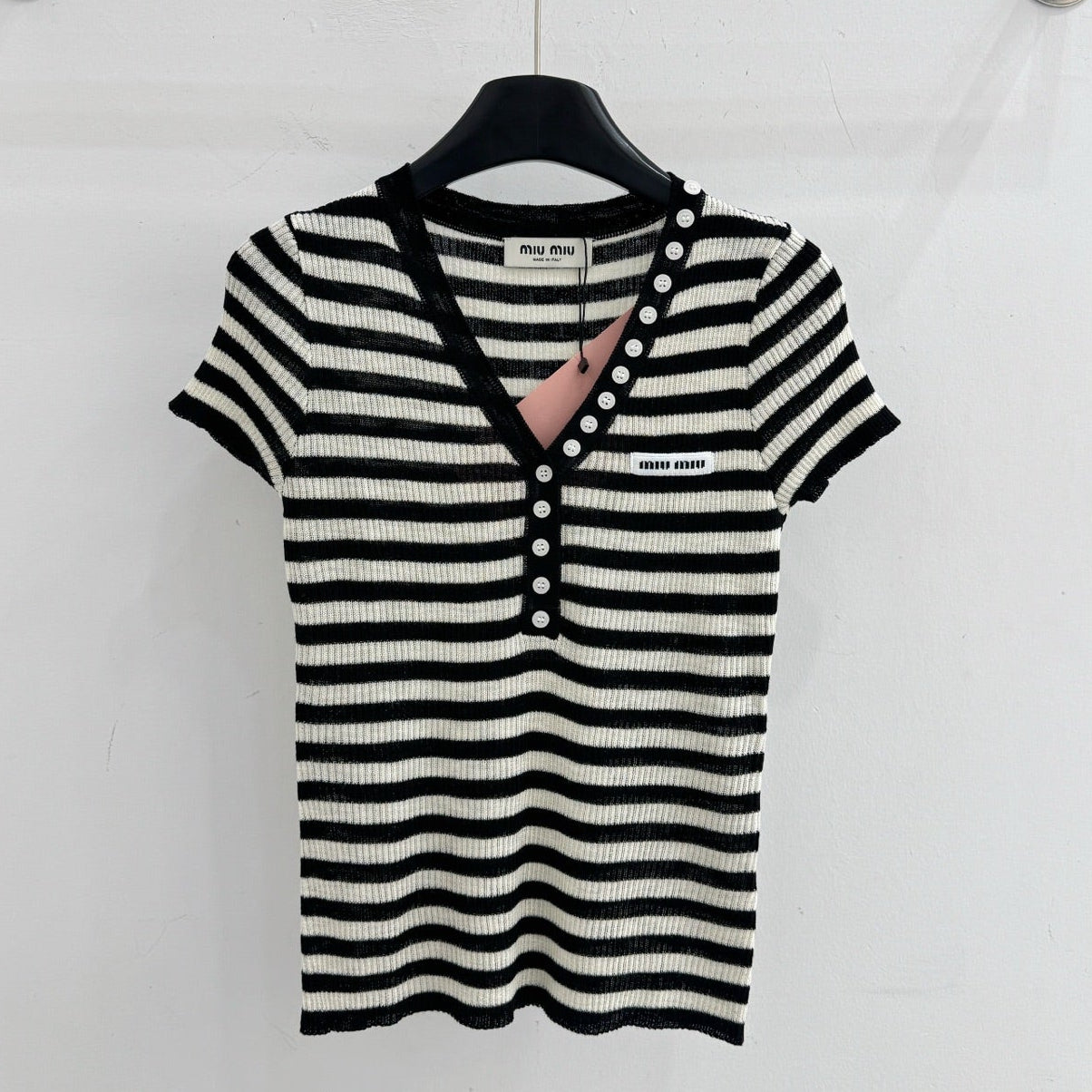 Miumiu 2026 Half-button Striped Knit Top Black White Wool 521196
