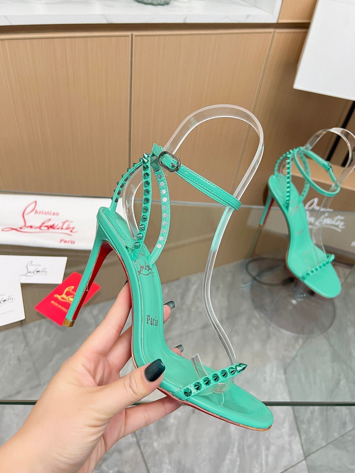 CL So Me 105 mm Strappy Sandal Grass Green Imported Rivets with Sheepskin 251020