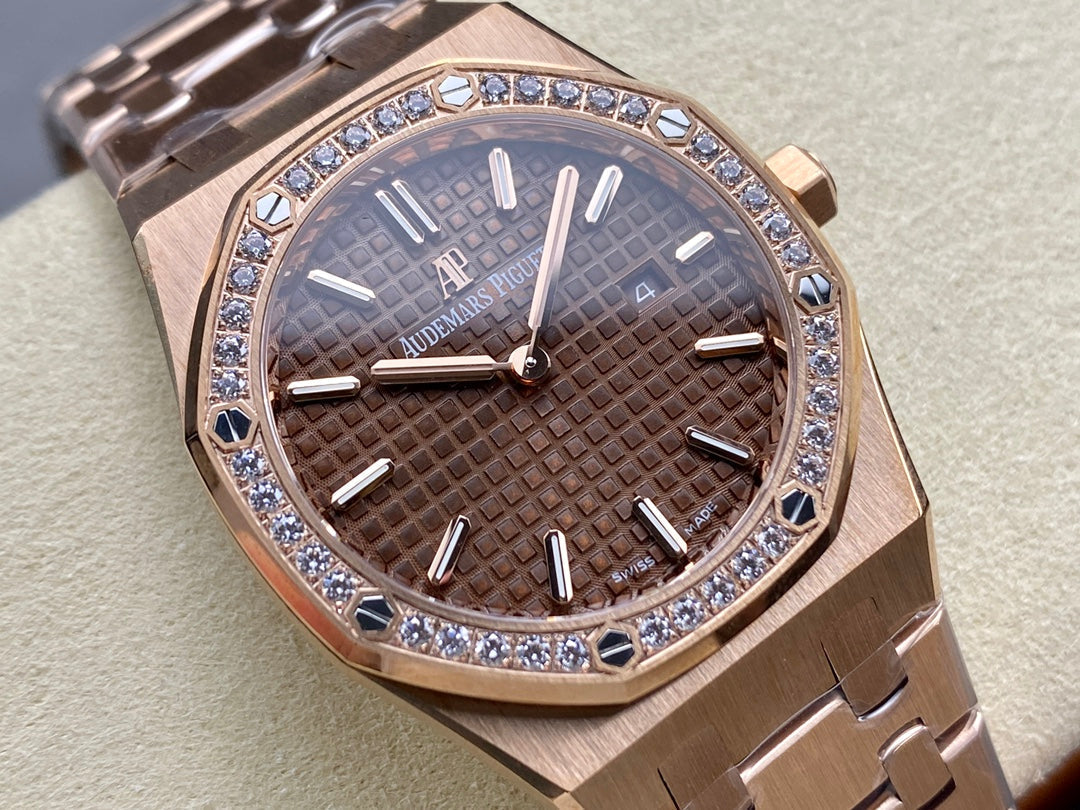 Audemars Piguet Royal Oak Lady 33mm Rose Gold Brown Dial Diamond Bezel