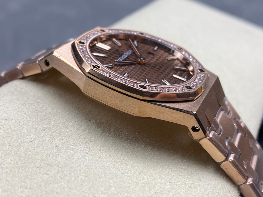 Audemars Piguet Royal Oak Lady 33mm Rose Gold Brown Dial Diamond Bezel