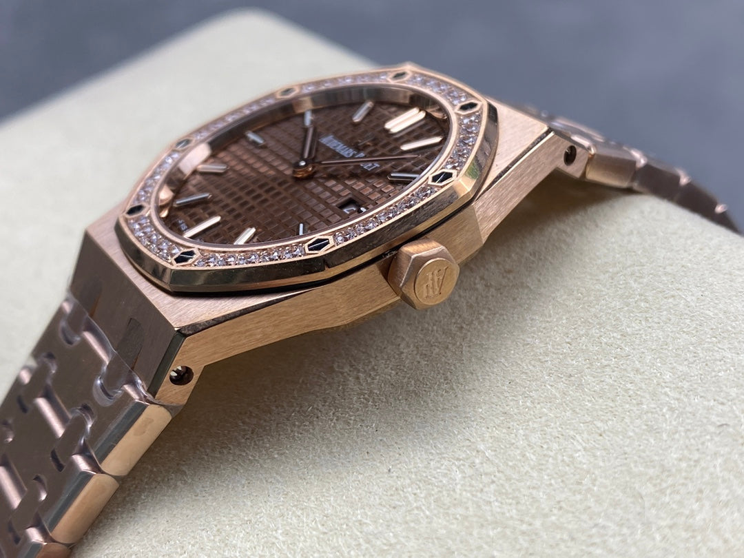 Audemars Piguet Royal Oak Lady 33mm Rose Gold Brown Dial Diamond Bezel