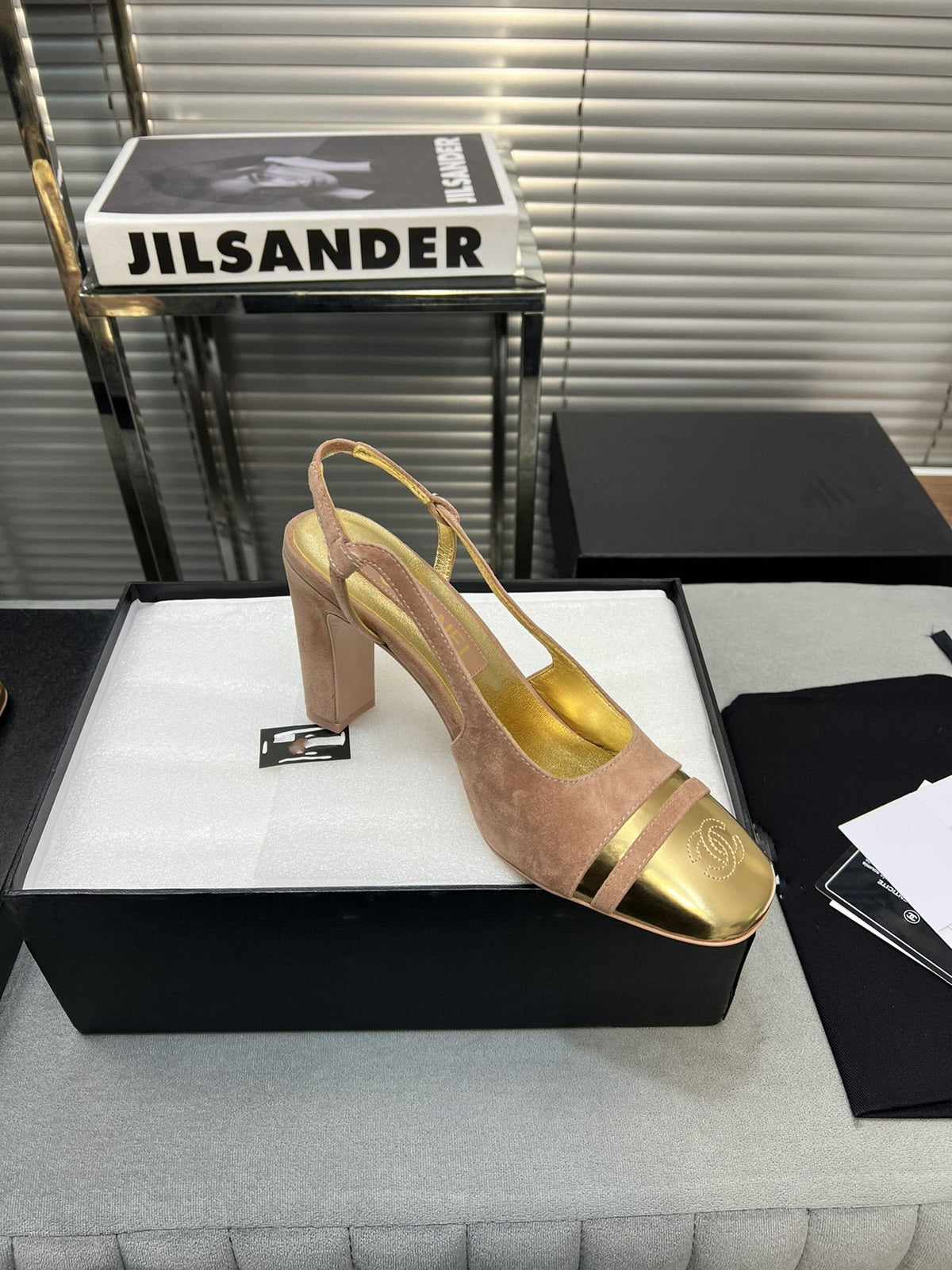 slingback rose suede gold metalic lambskin square toe 9.5