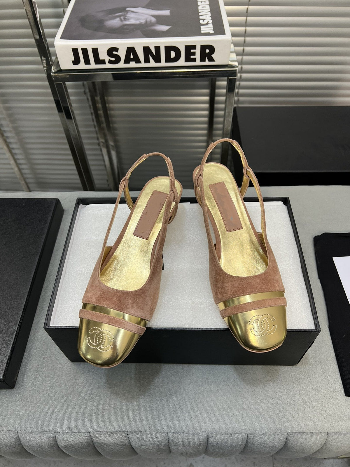 slingback rose suede gold metalic lambskin square toe 5.0
