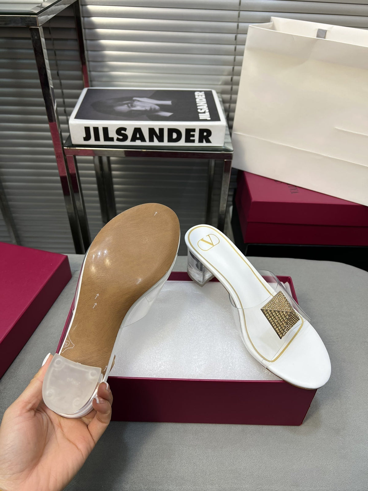 Heeled Sandals 6cm with Crystal Square Buckle White
