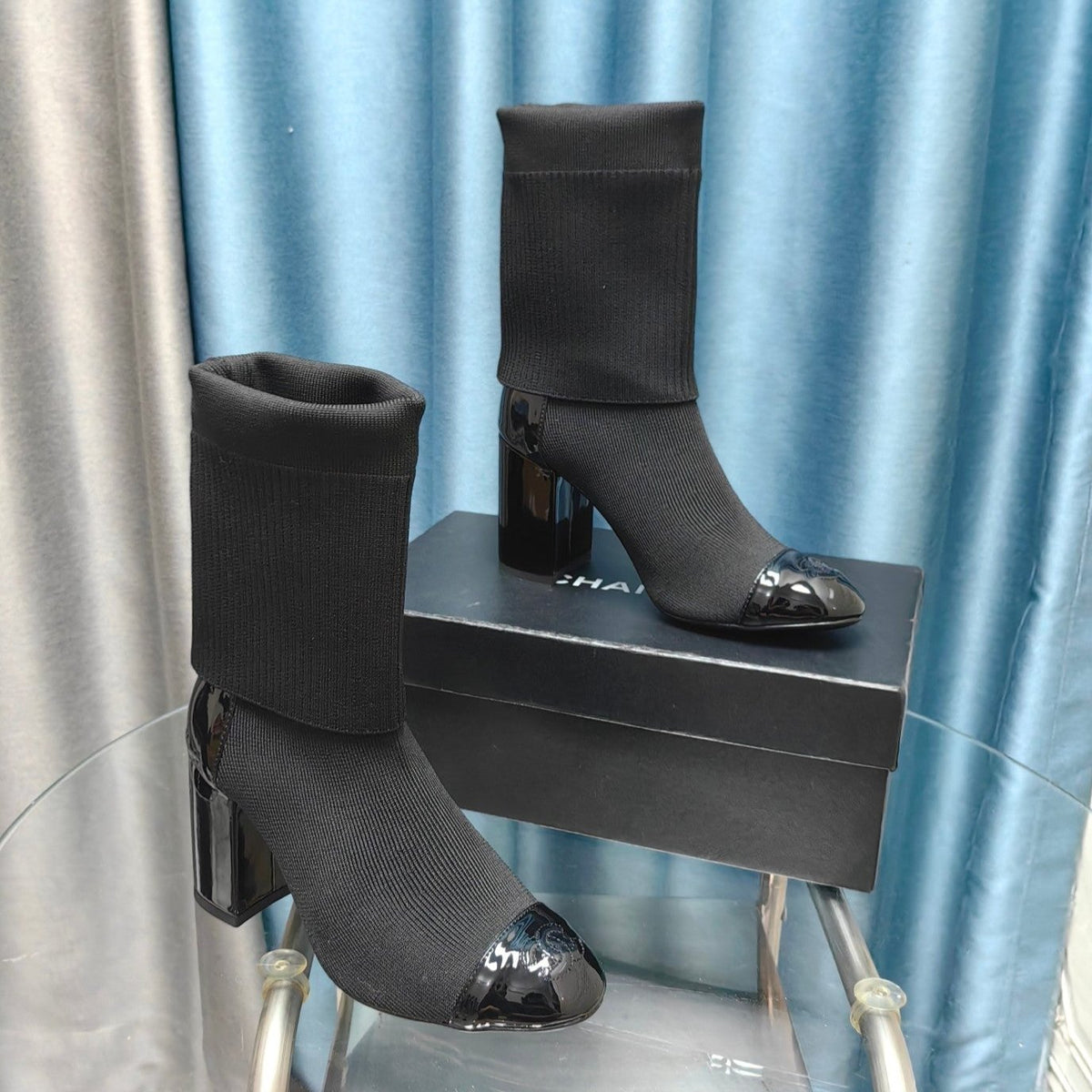 CC Short Boots 80mm Black Wool Fabric And Lambskin