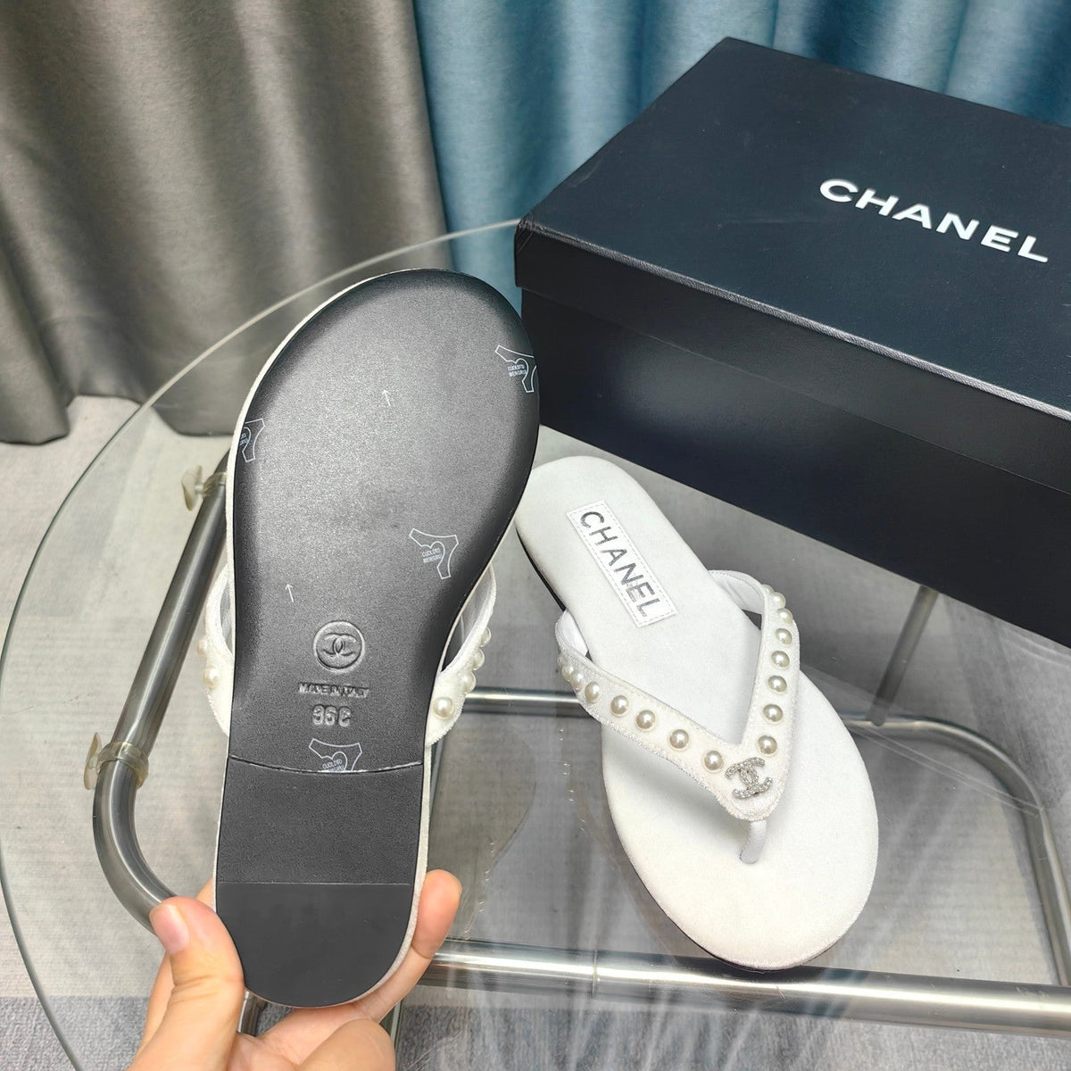 CC Thong White Velvet Pearl