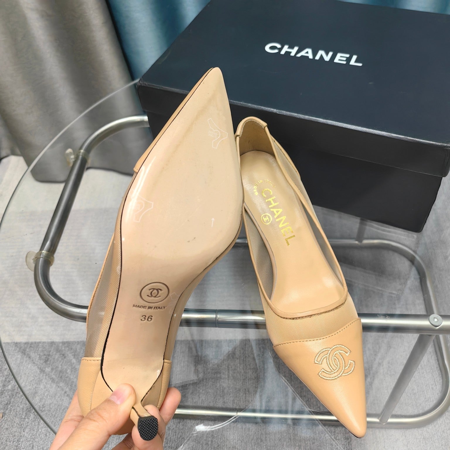 CC Pumps 50 Beige Mesh Leather Pointed Toe
