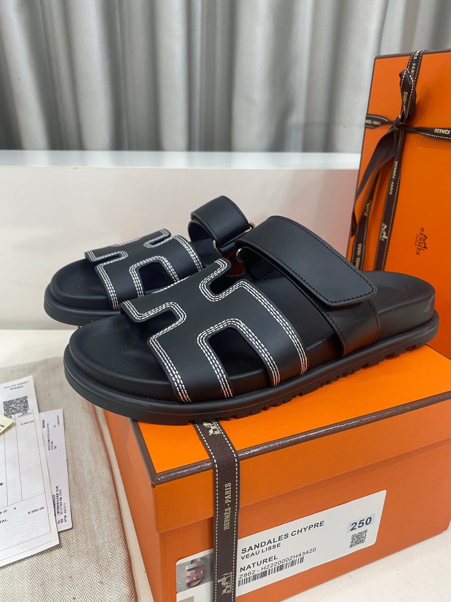 Hermes 2026 Chypre Sandal Black Mix White Stitched Calfskin 957546
