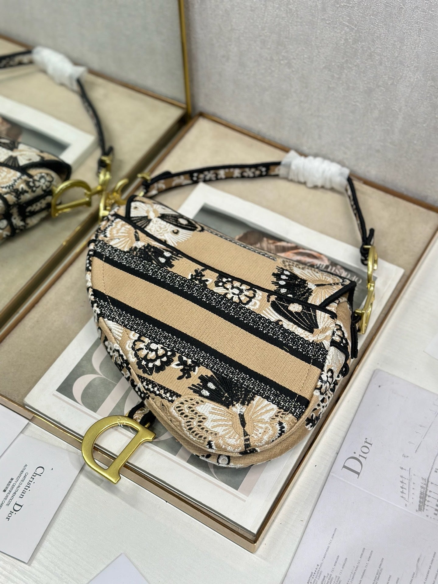 Dior 2026 Butterfly Motifs Saddle Bag 25.5cm Light Brown mix Black Canvas 289476