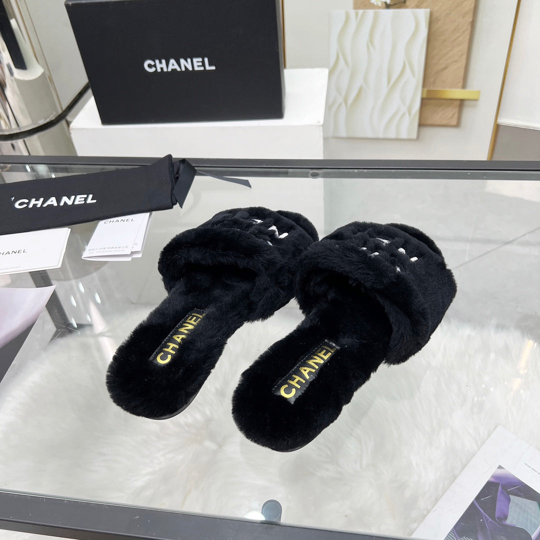 CC Slippers Black With White Lettering Fleece