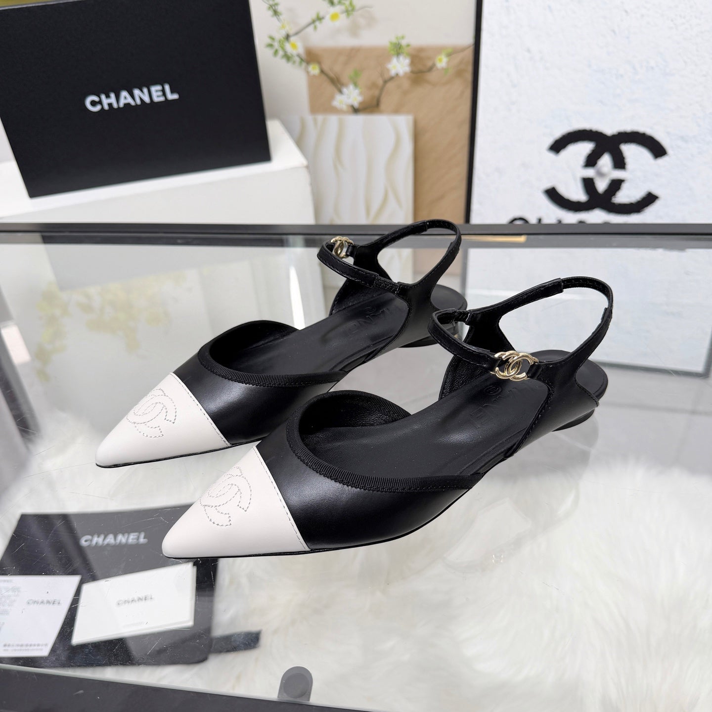 Chanel 2026 Slingback Black And White Iridescent Lambskin